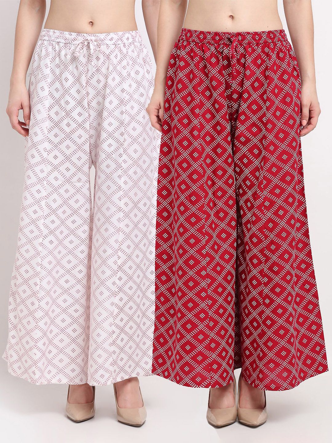 GRACIT Women White & Maroon Set Of 2 Block Printed Flared Fit Palazzo Price in India