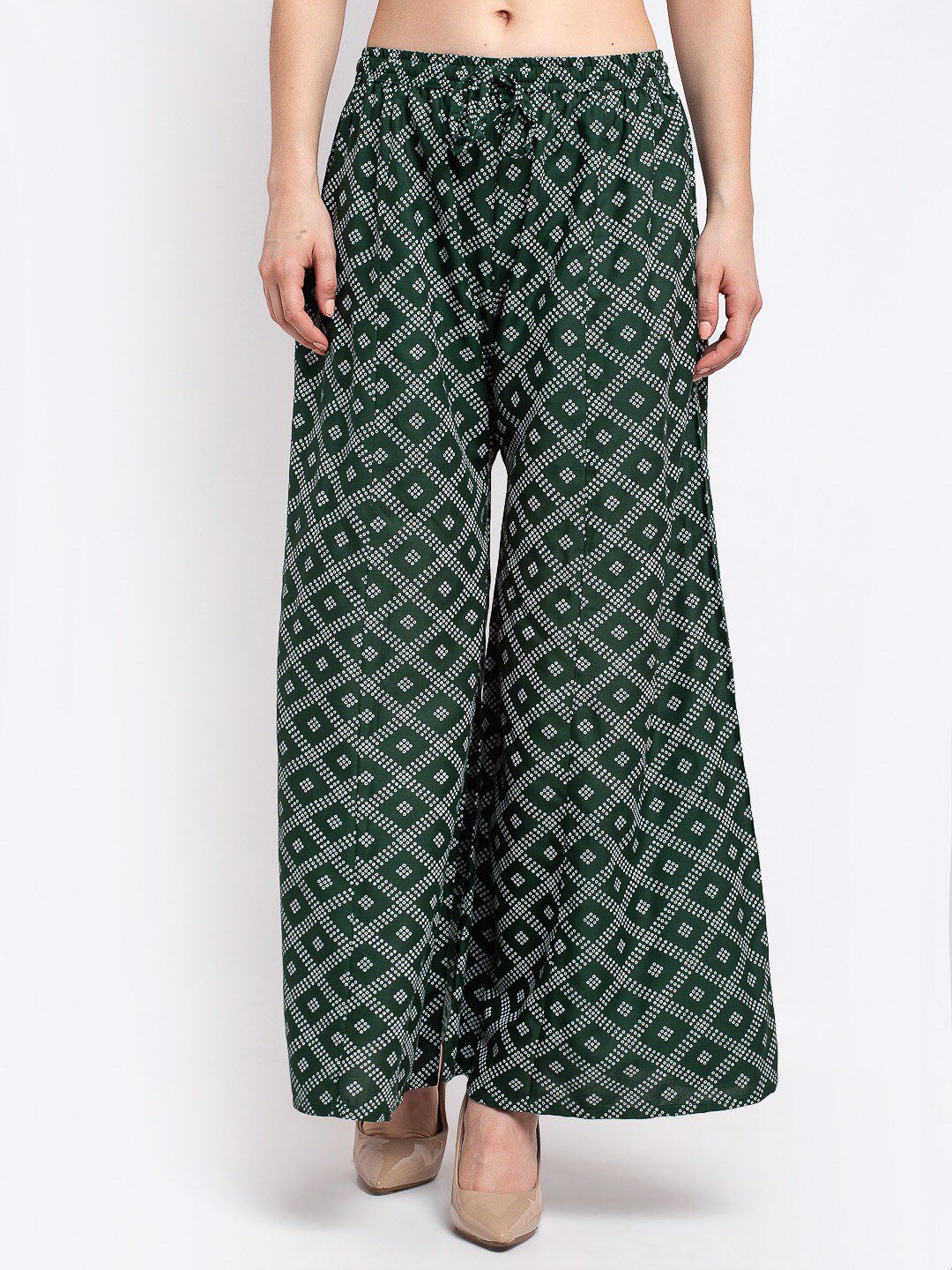 GRACIT Women Green & White Printed Flared Knitted Ethnic Palazzos Price in India