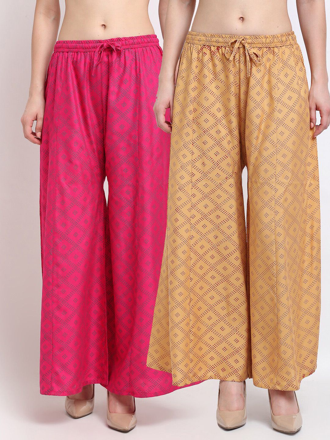 GRACIT Women Pink & Tan Block Printed Flared Palazzos Set Of 2 Price in India