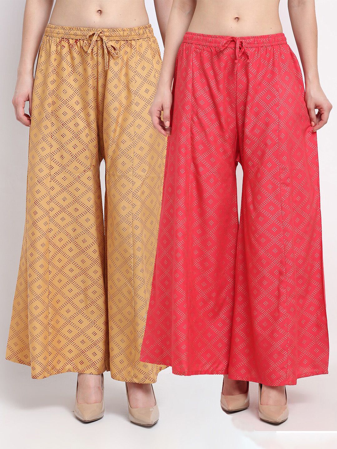 GRACIT Women Tan & Orange Set of 2 Printed Flared Knitted Ethnic Palazzos Price in India