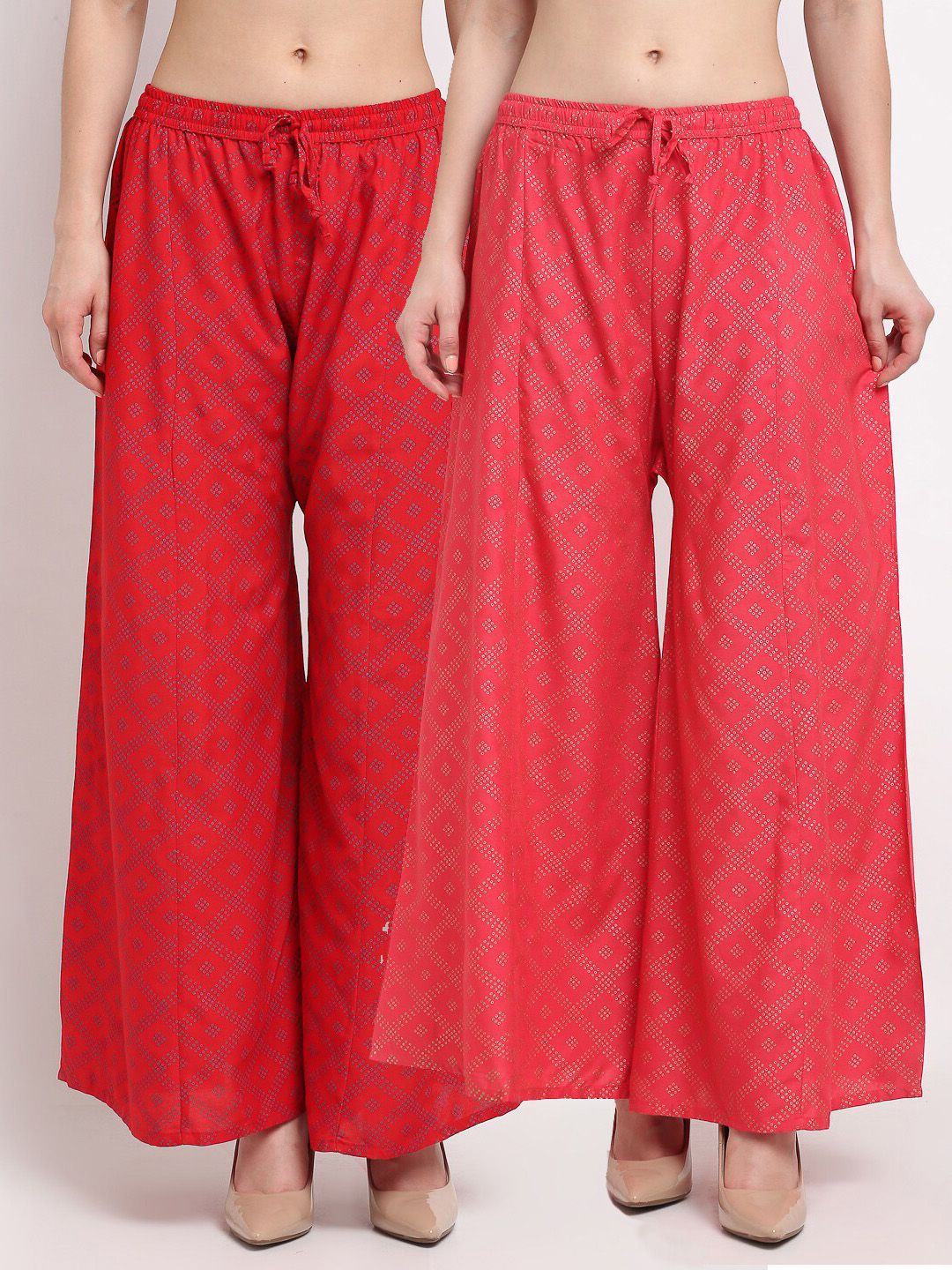 GRACIT Women Red & Peach-Coloured Block Printed Flared Palazzos Set Of 2 Price in India