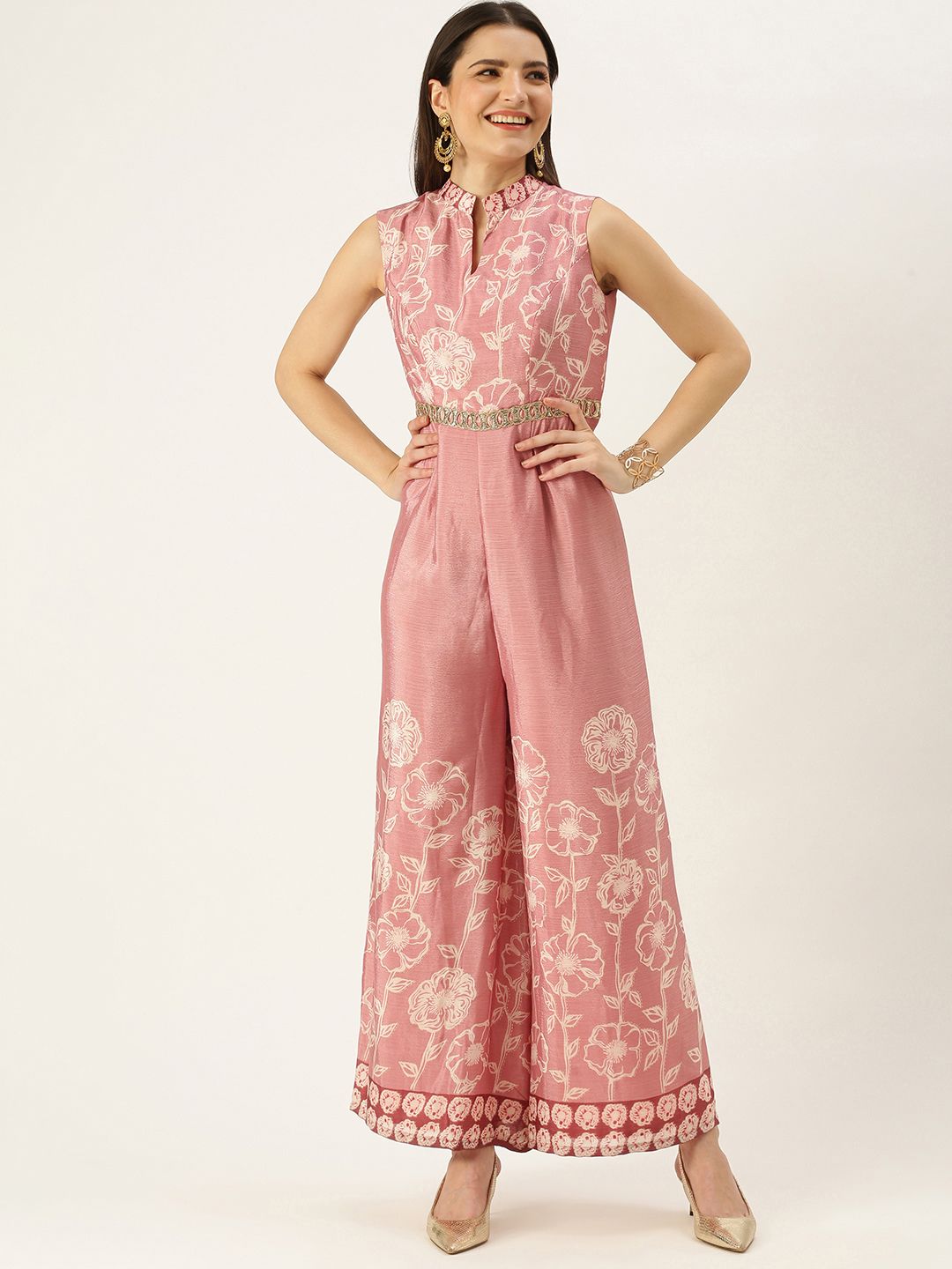 EthnoVogue Women Made To Measure Pink & Cream-Coloured Embroidered Printed Basic Jumpsuit Price in India