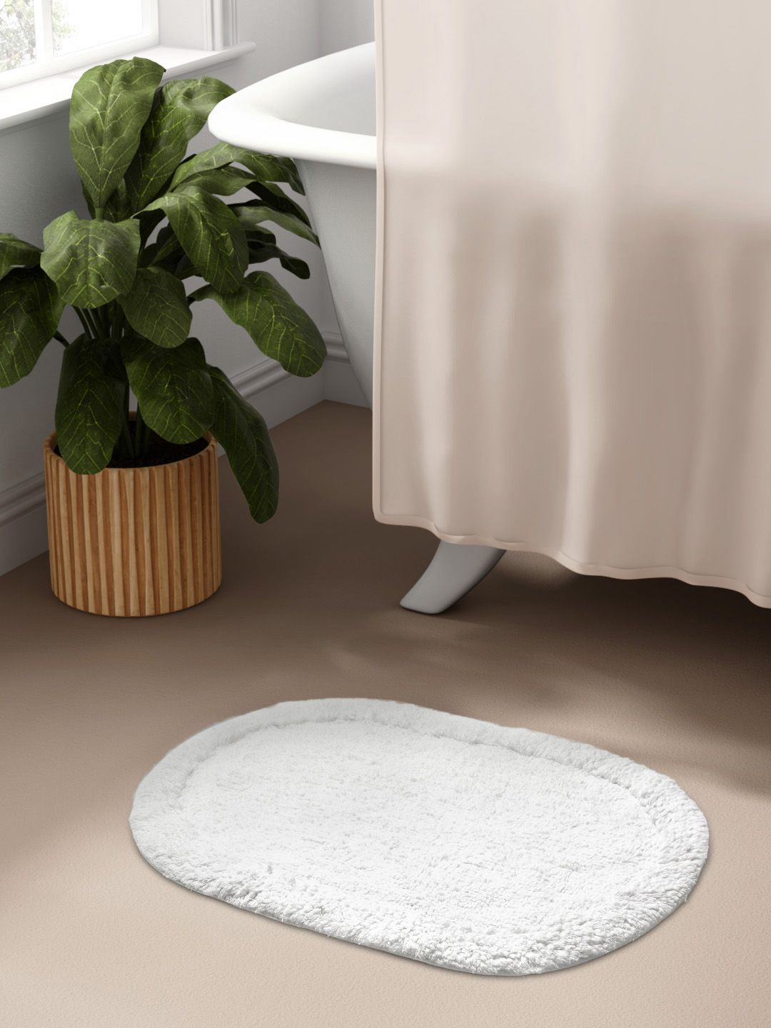 Aura White Self Design 1300 GSM Cotton Oval Bath Rug Price in India