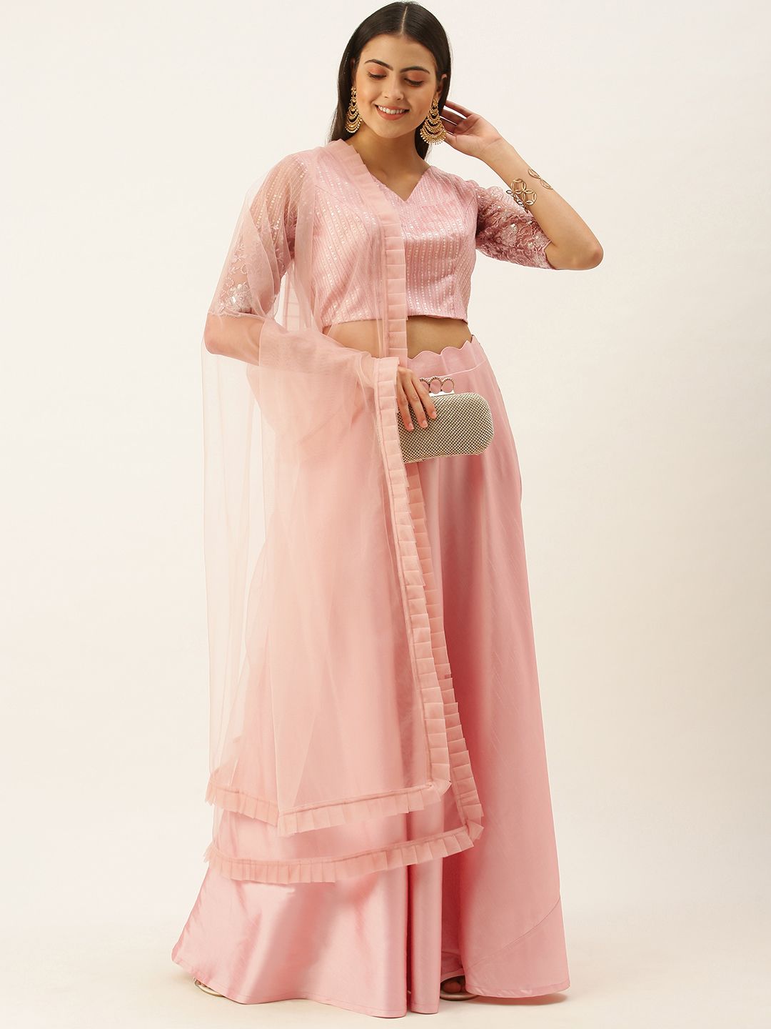 EthnoVogue Pink Embellished Sequinned Made to Measure Lehenga & Blouse With Dupatta Price in India
