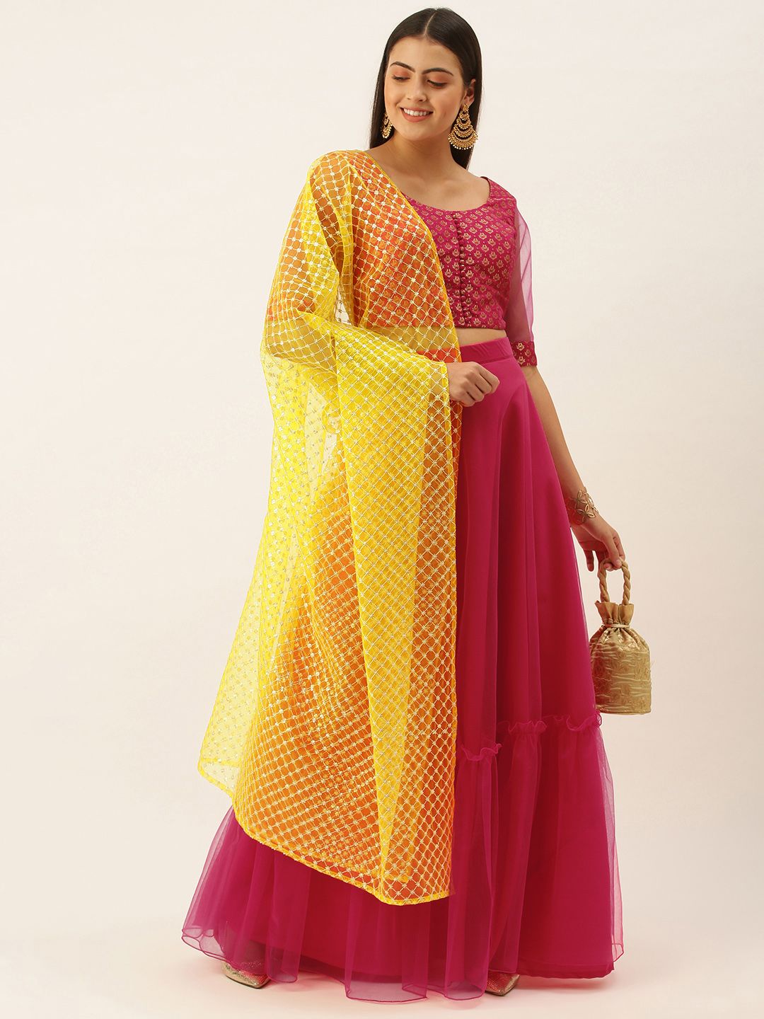 EthnoVogue Pink & Yellow Made to Measure Lehenga & Blouse With Dupatta Price in India
