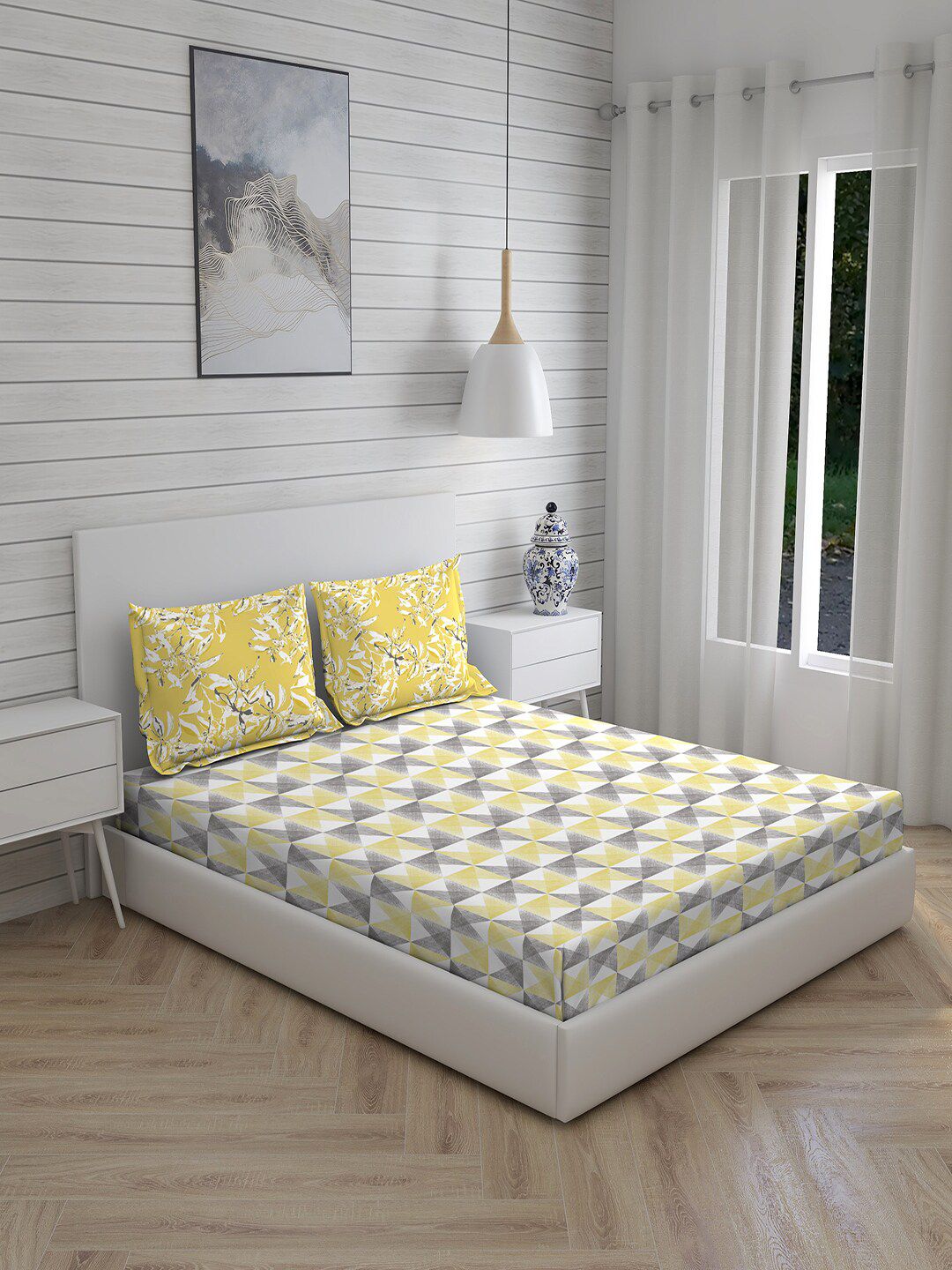 Layers Yellow & Grey Geometric 144 TC Queen Bedsheet with 2 Pillow Covers Price in India