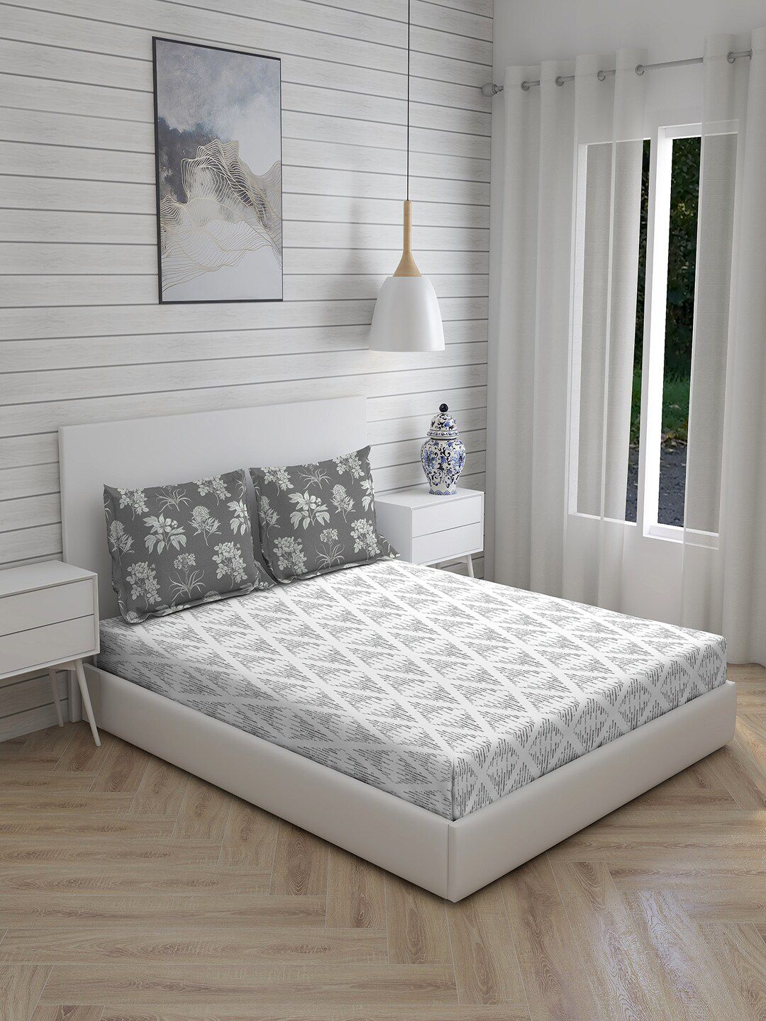 Layers Grey & White Geometric 144 TC King Bedsheet with 2 Pillow Covers Price in India