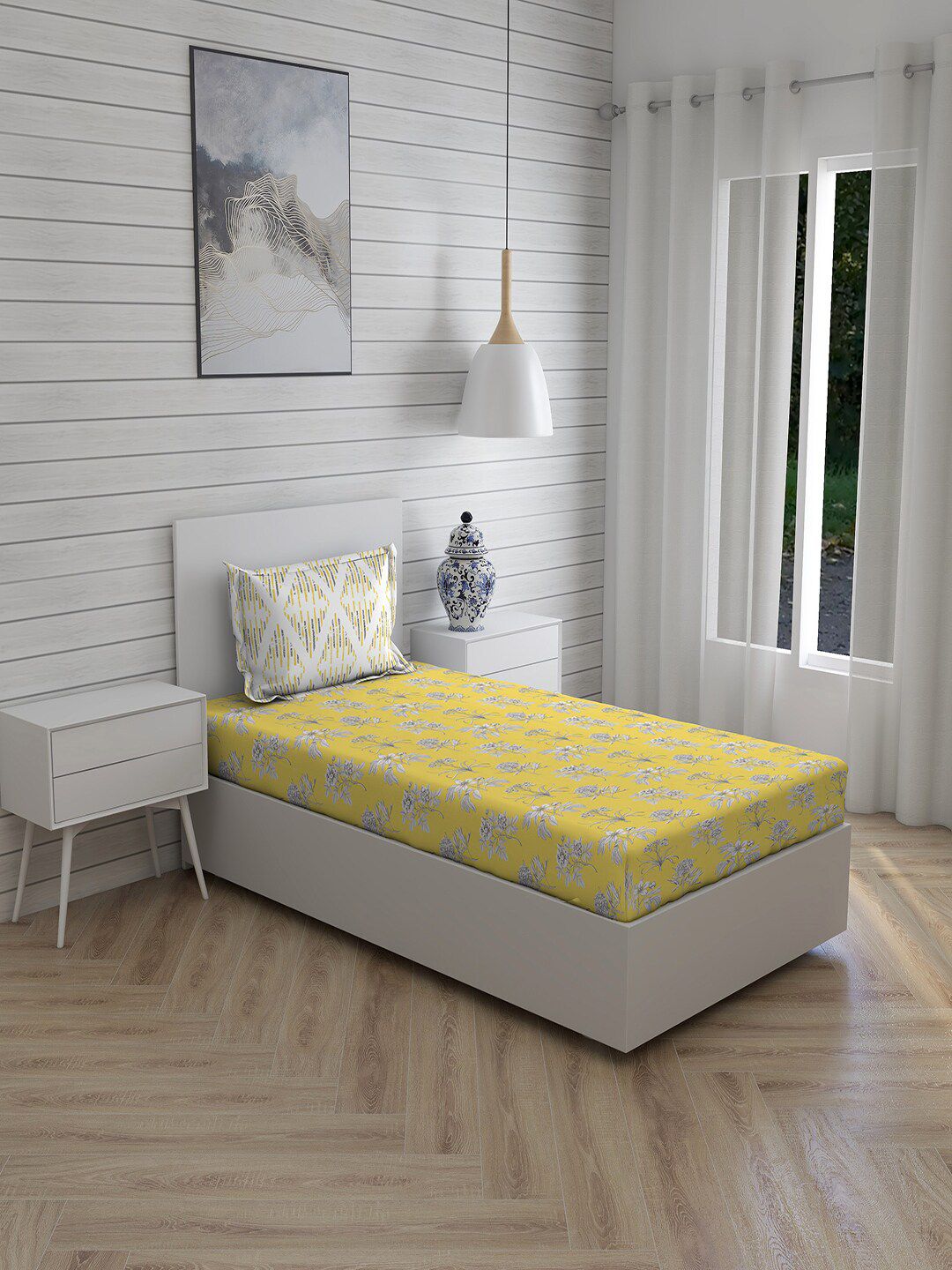Layers Yellow & Grey Floral Printed 144 TC Single Bedsheet with 1 Pillow Cover Price in India