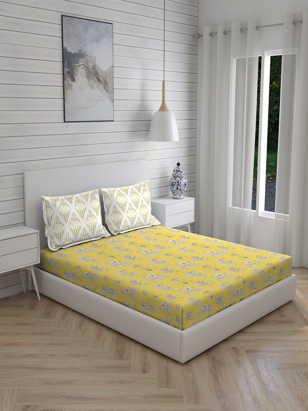 Layers Yellow & White Floral 144 TC Queen Bedsheet with 2 Pillow Covers Price in India