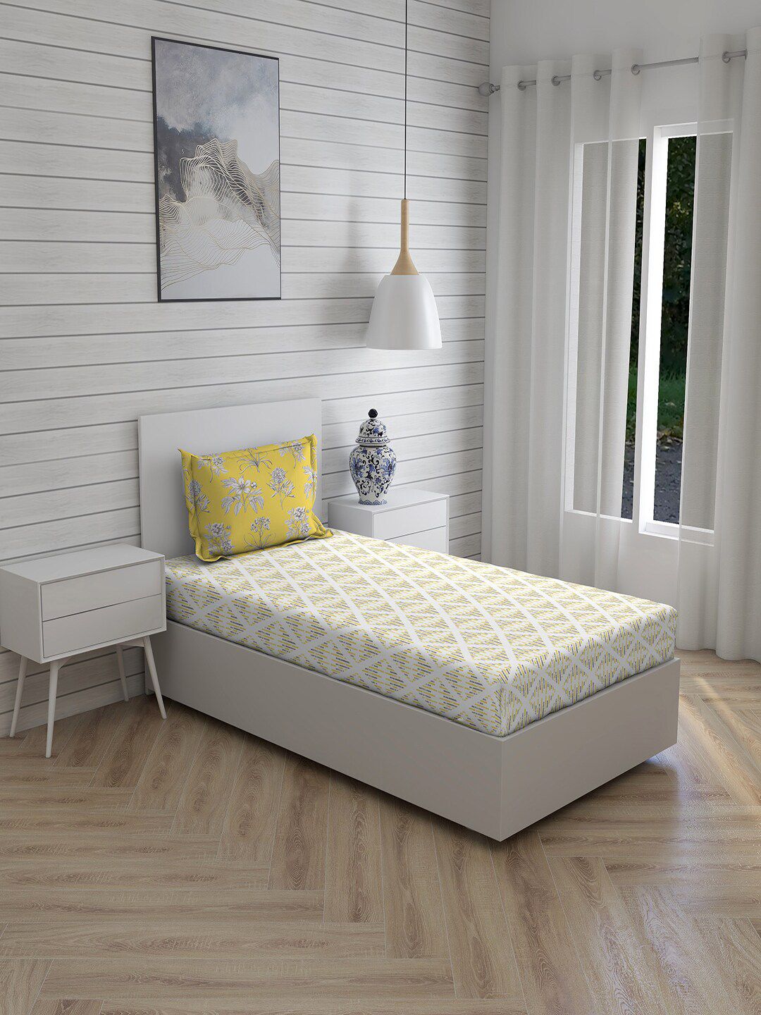 Layers Yellow & White Geometric Printed 144 TC Single Bedsheet with 1 Pillow Covers Price in India