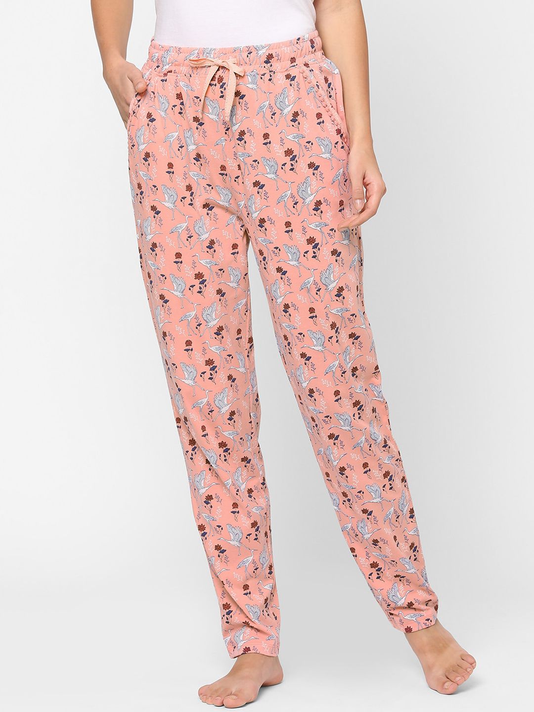 MAYSIXTY Women Peach Pure Cotton Floral Print Lounge Pants Price in India