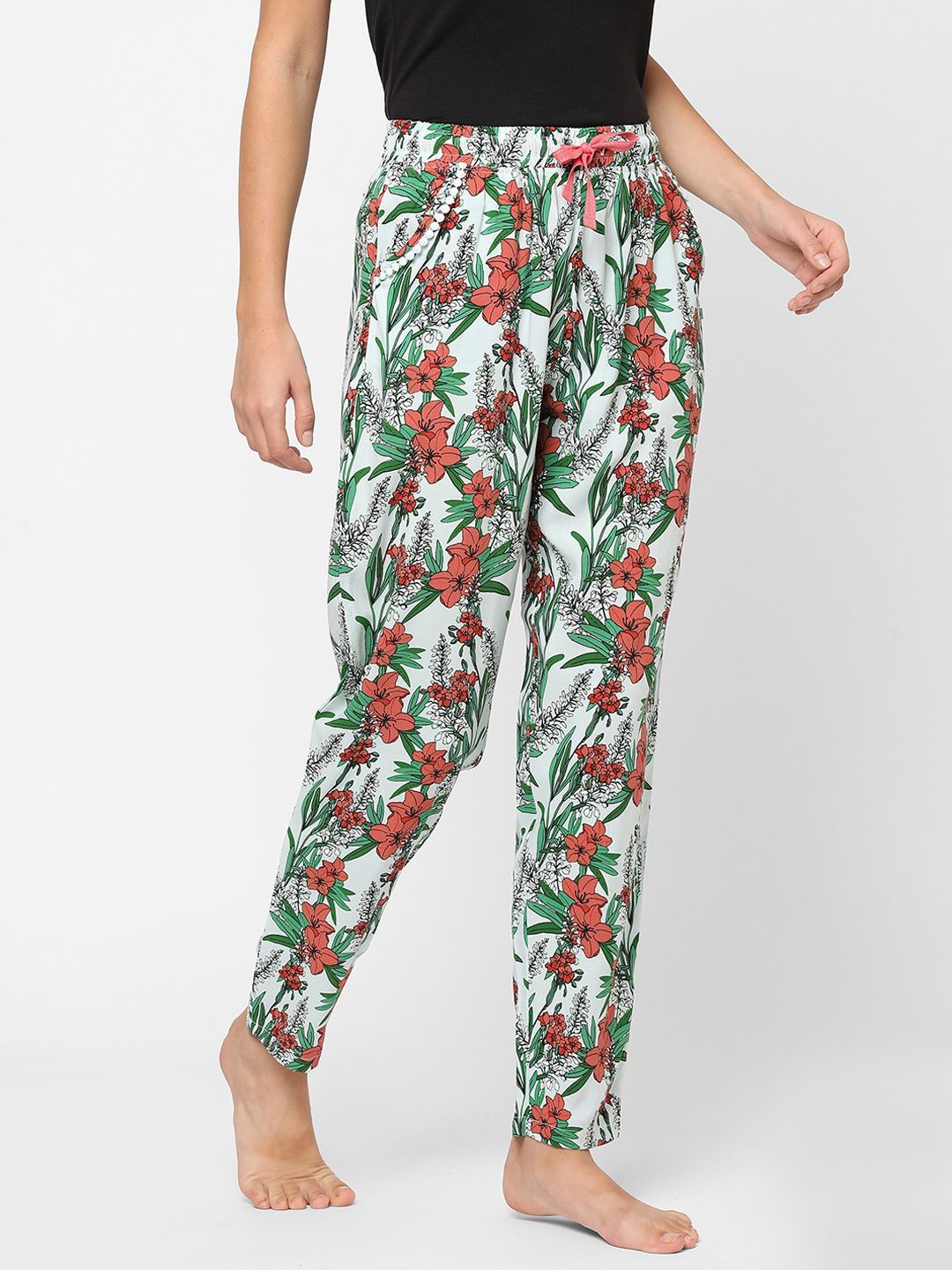 MAYSIXTY Women Green Pure Rayon Floral Print Lounge Pants Price in India