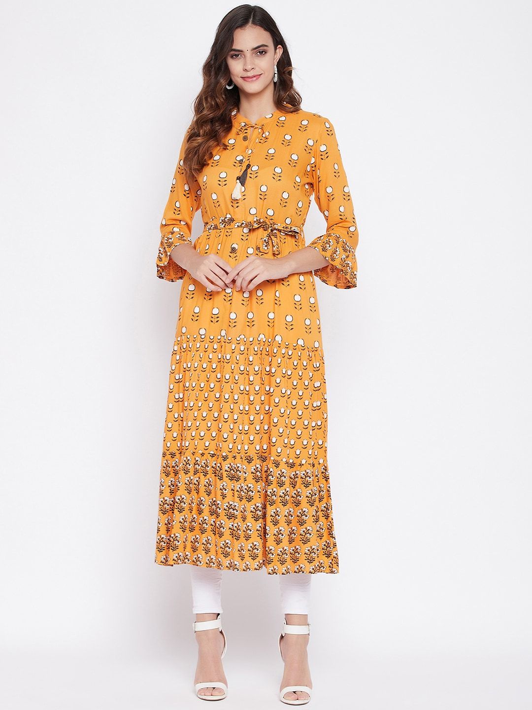 Prakhya Women Yellow Printed Flared Sleeves Kurta Price in India