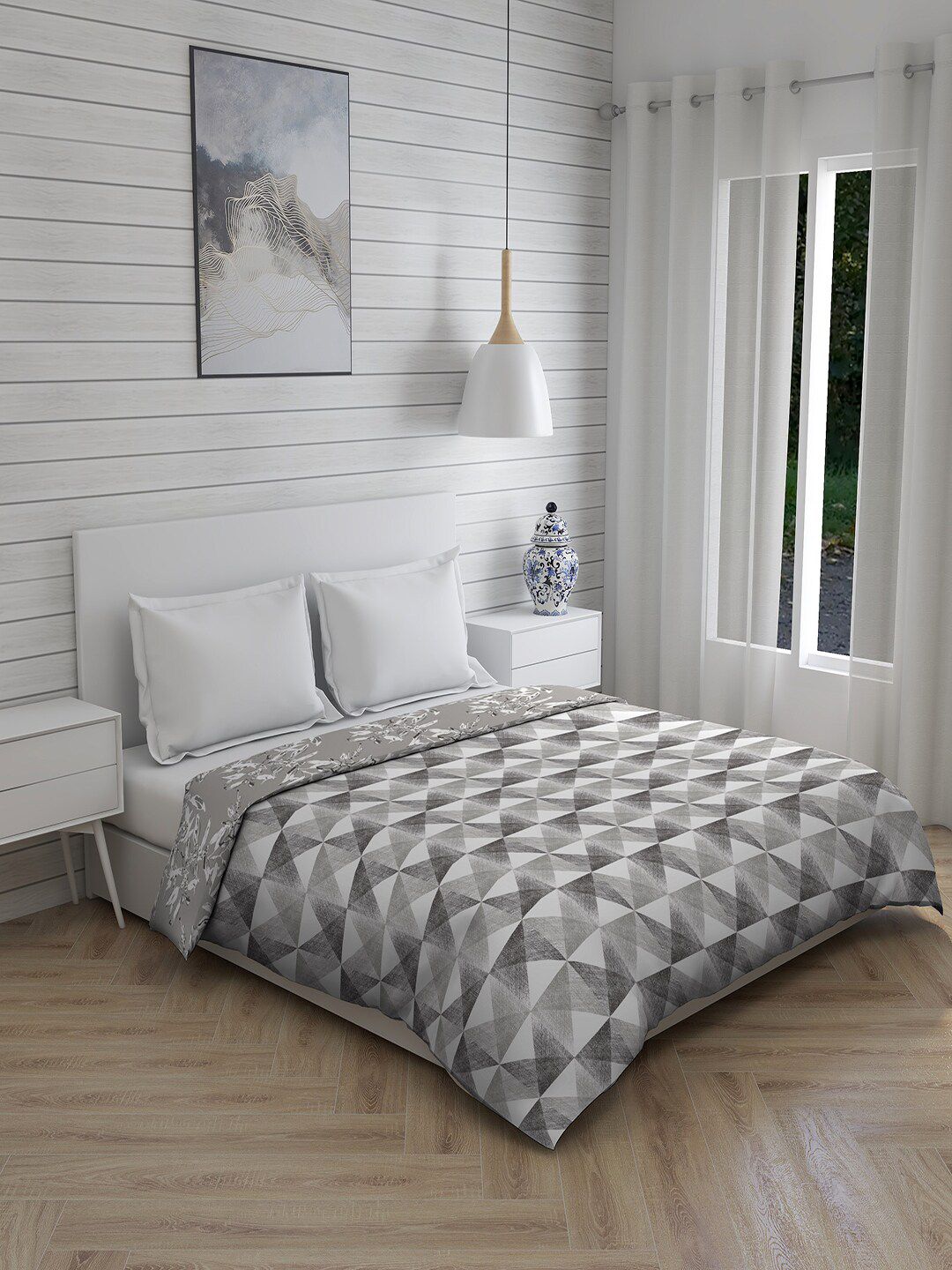 Layers Grey & White Geometric AC Room 120 GSM Double Bed Comforter Price in India