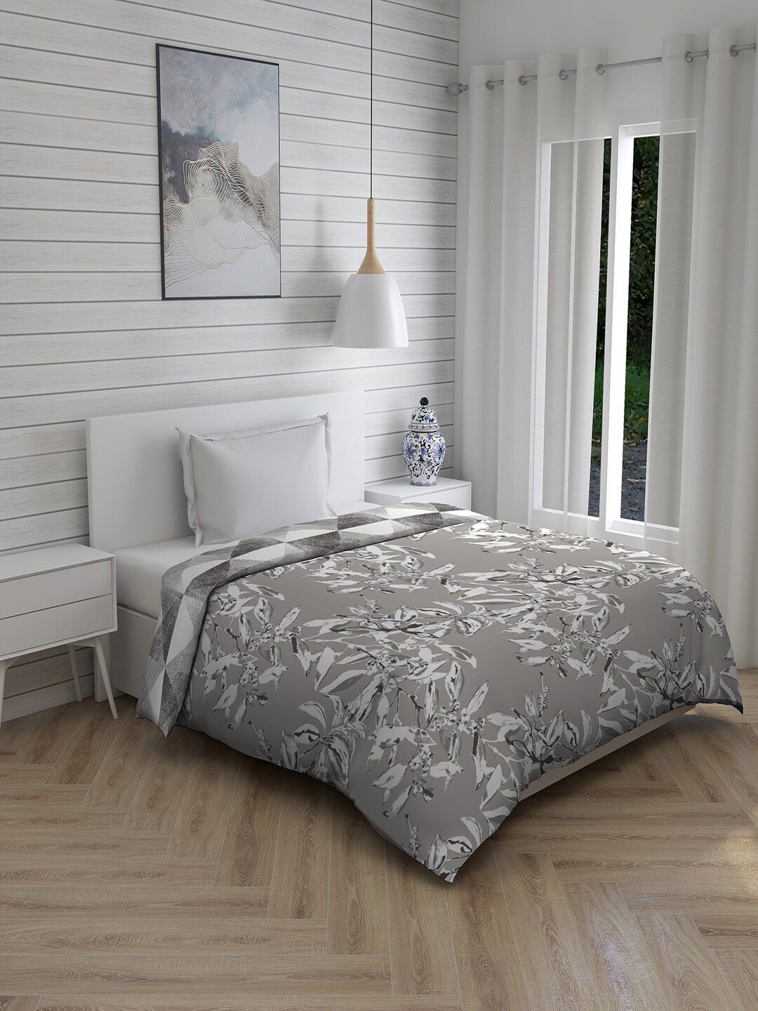 Layers Grey & White Floral 120 GSM AC Room Single Bed Comforter Price in India