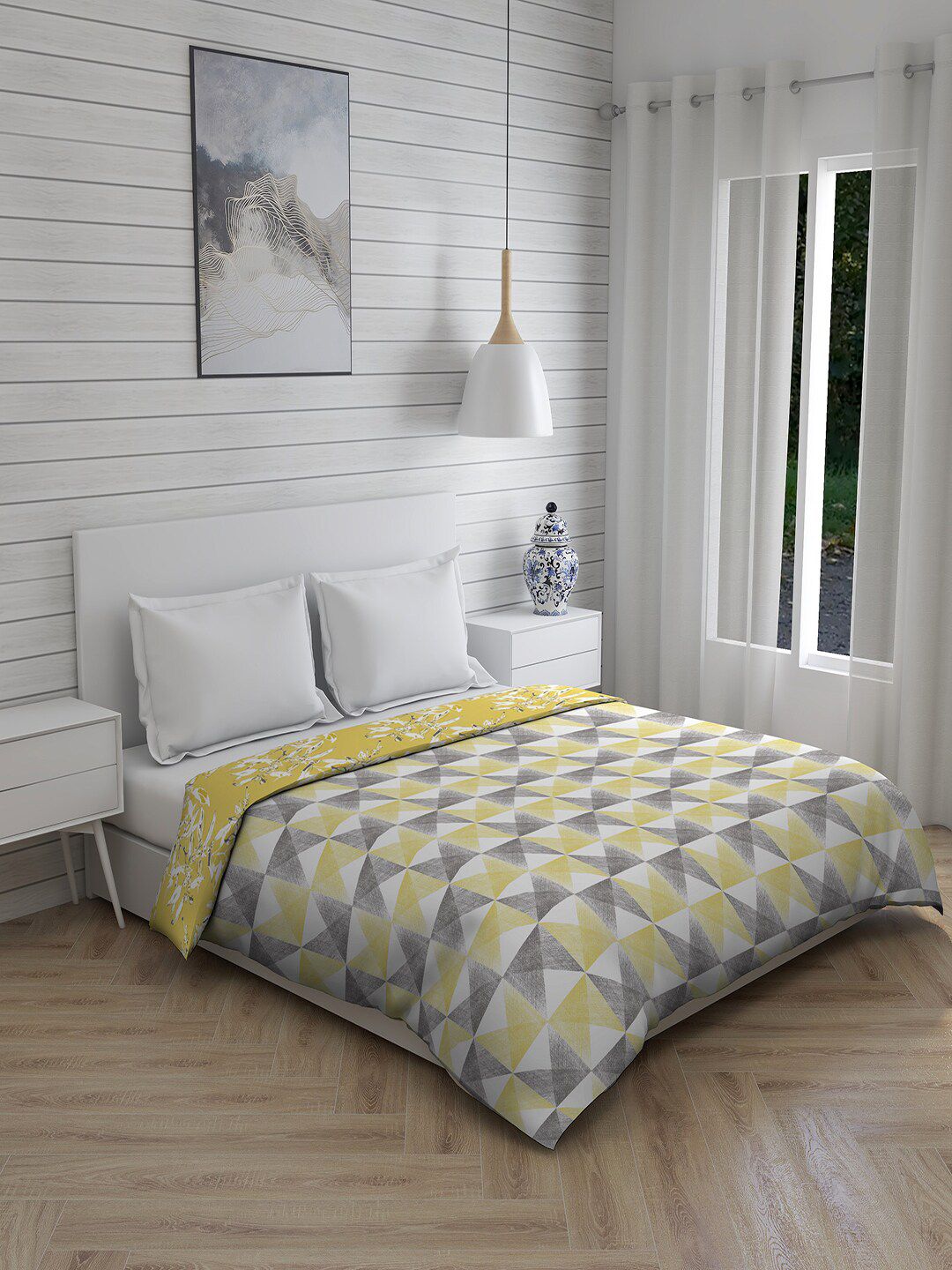 Layers Yellow & White Geometric Printed AC Room 120 GSM Double Bed Comforter Price in India