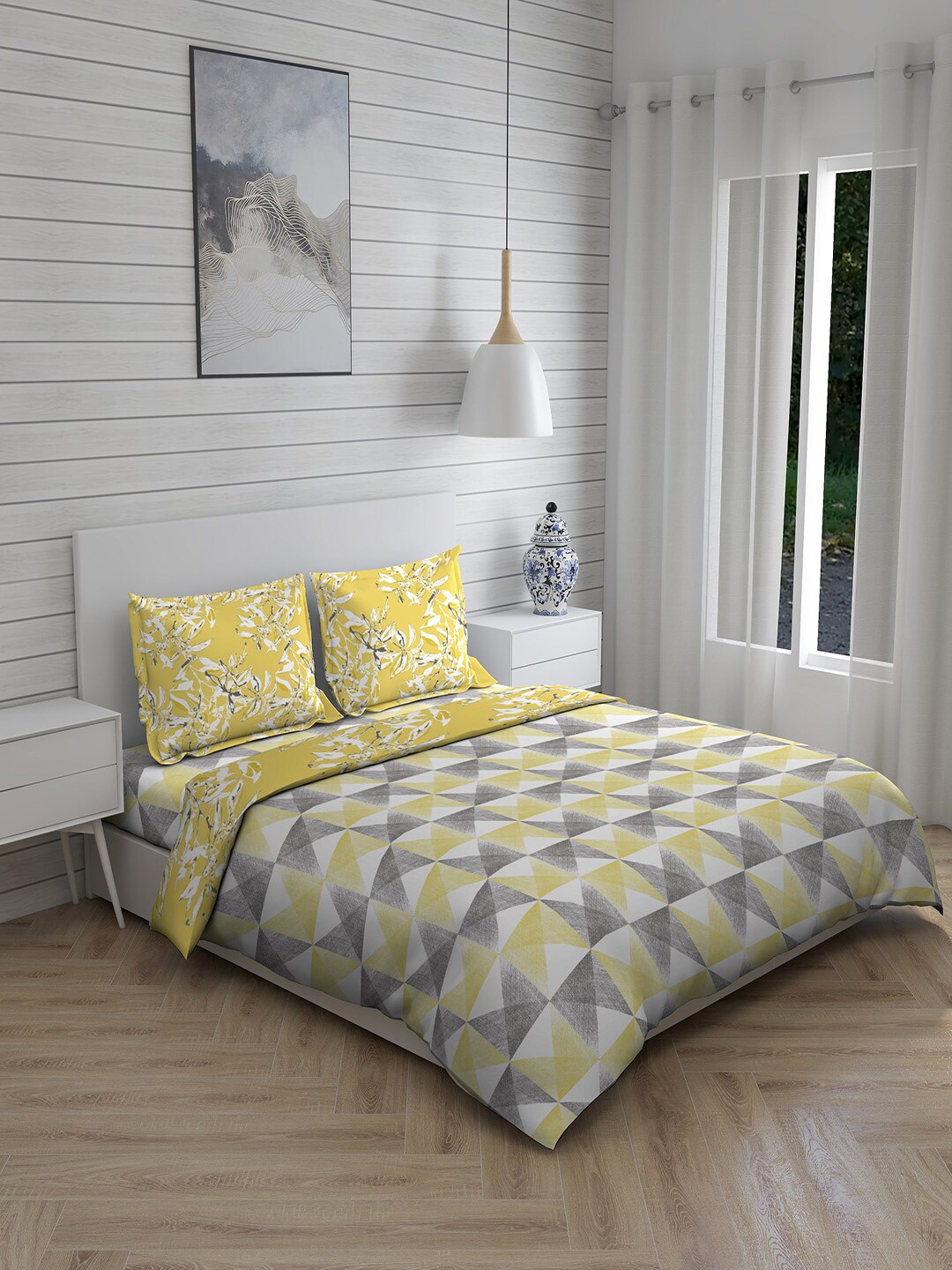 Layers Yellow & Grey Printed Cotton Fine Double King Bedding Set Price in India