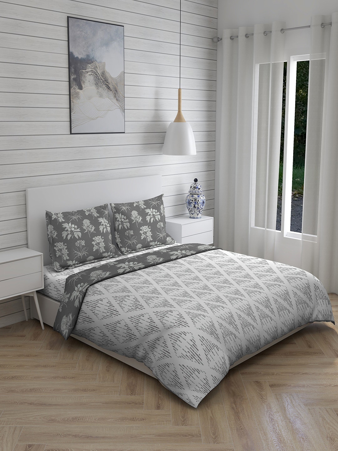 Layers Grey King Size Geometric Printed AC Comforter With Bedsheet & 2 Pillow Cover Set Price in India