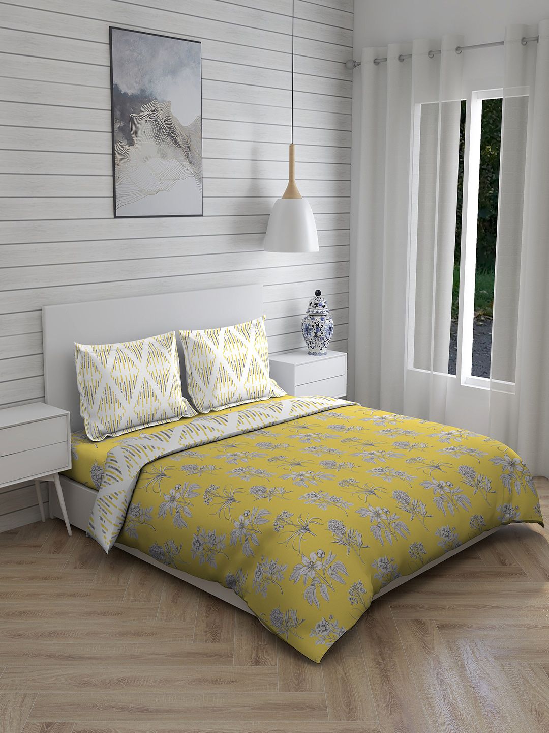 Layers Olive Green & Grey Printed Double King Bedding Set Price in India
