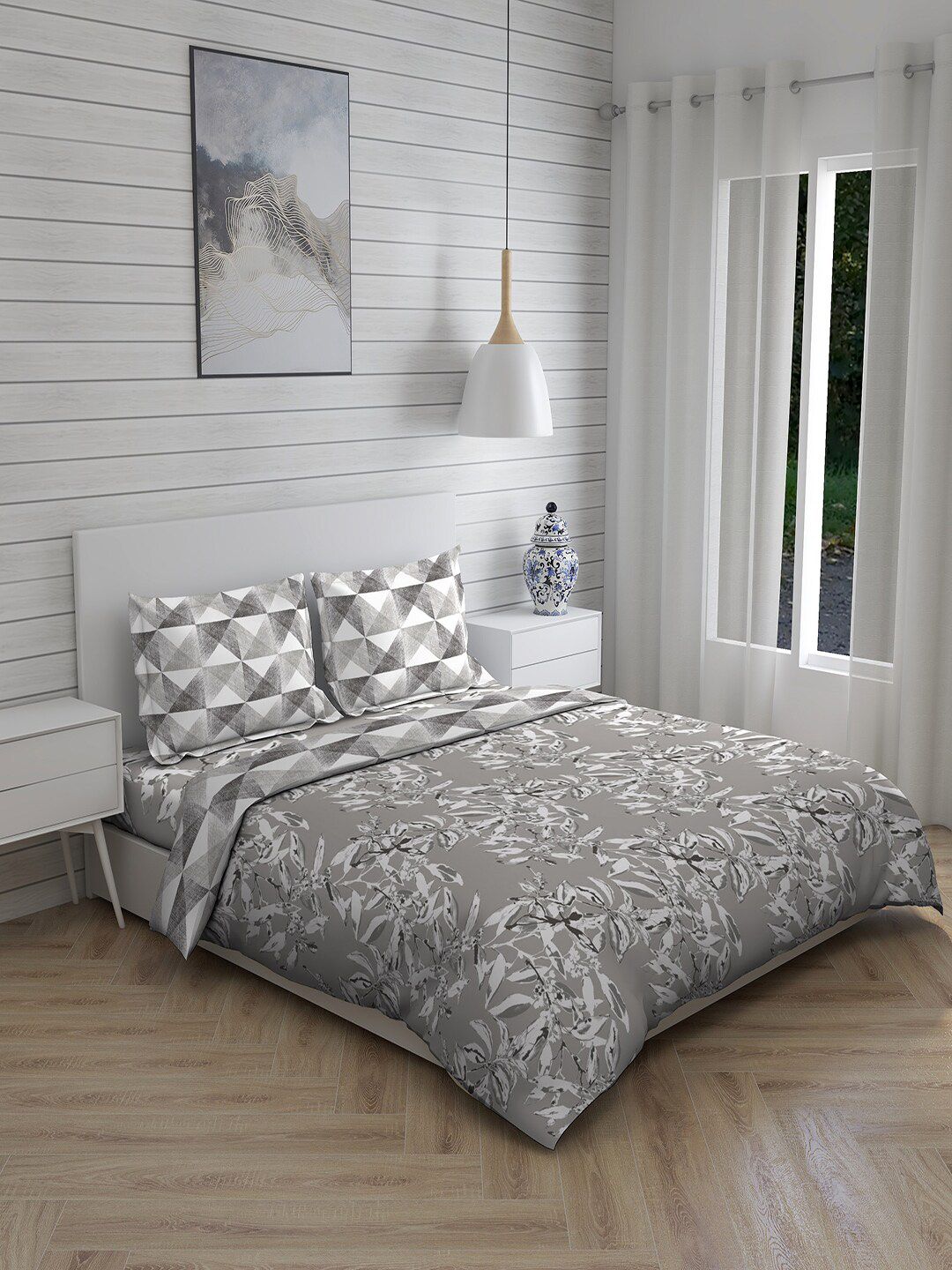 Layers Grey & White Printed Cotton Bedding Set Price in India