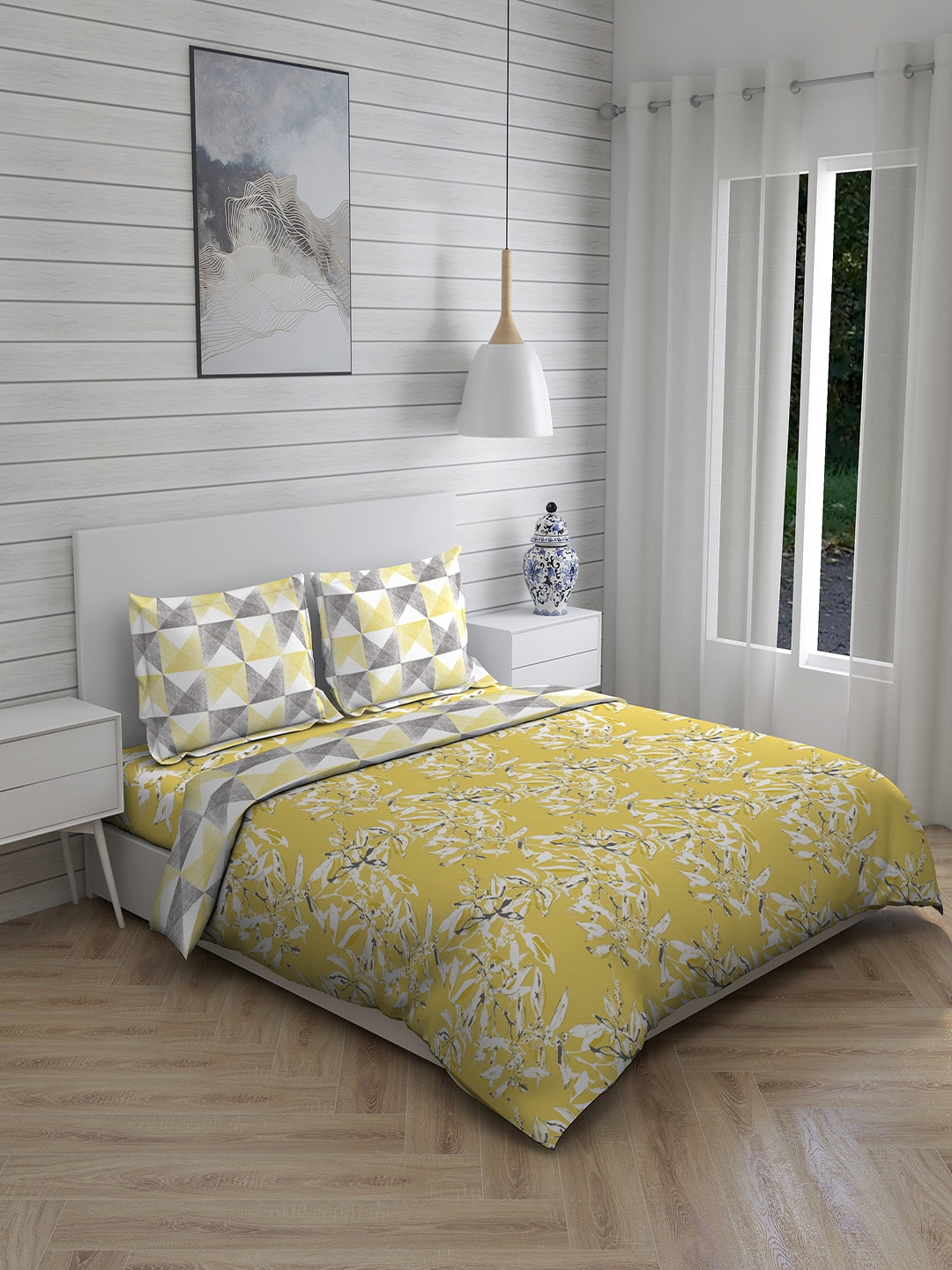 Layers Yellow & Grey Floral Printed Bedding Set Price in India