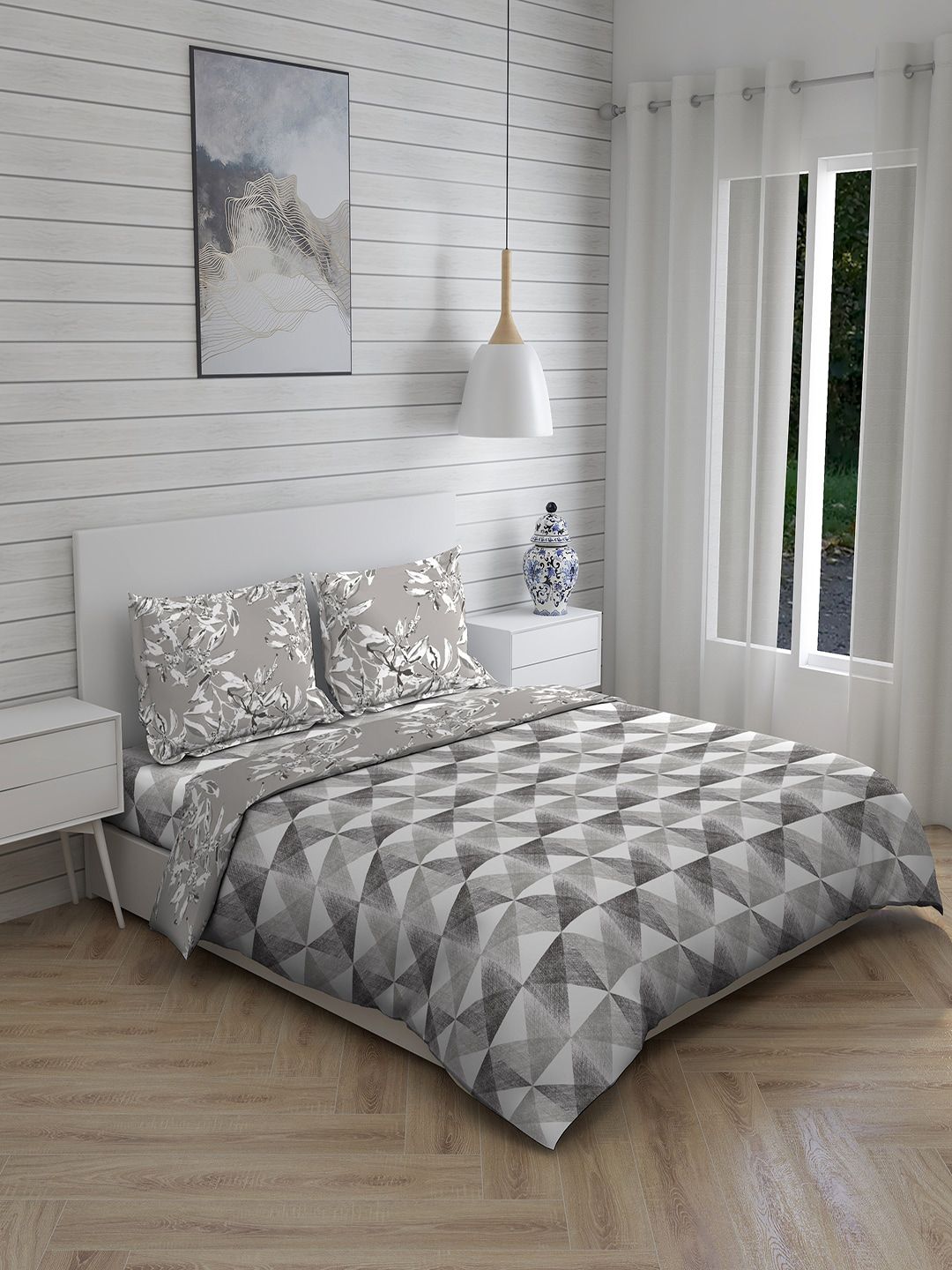 Layers Grey King Size Floral Printed AC Comforter With Bedsheet & 2 Pillow Cover Set Price in India