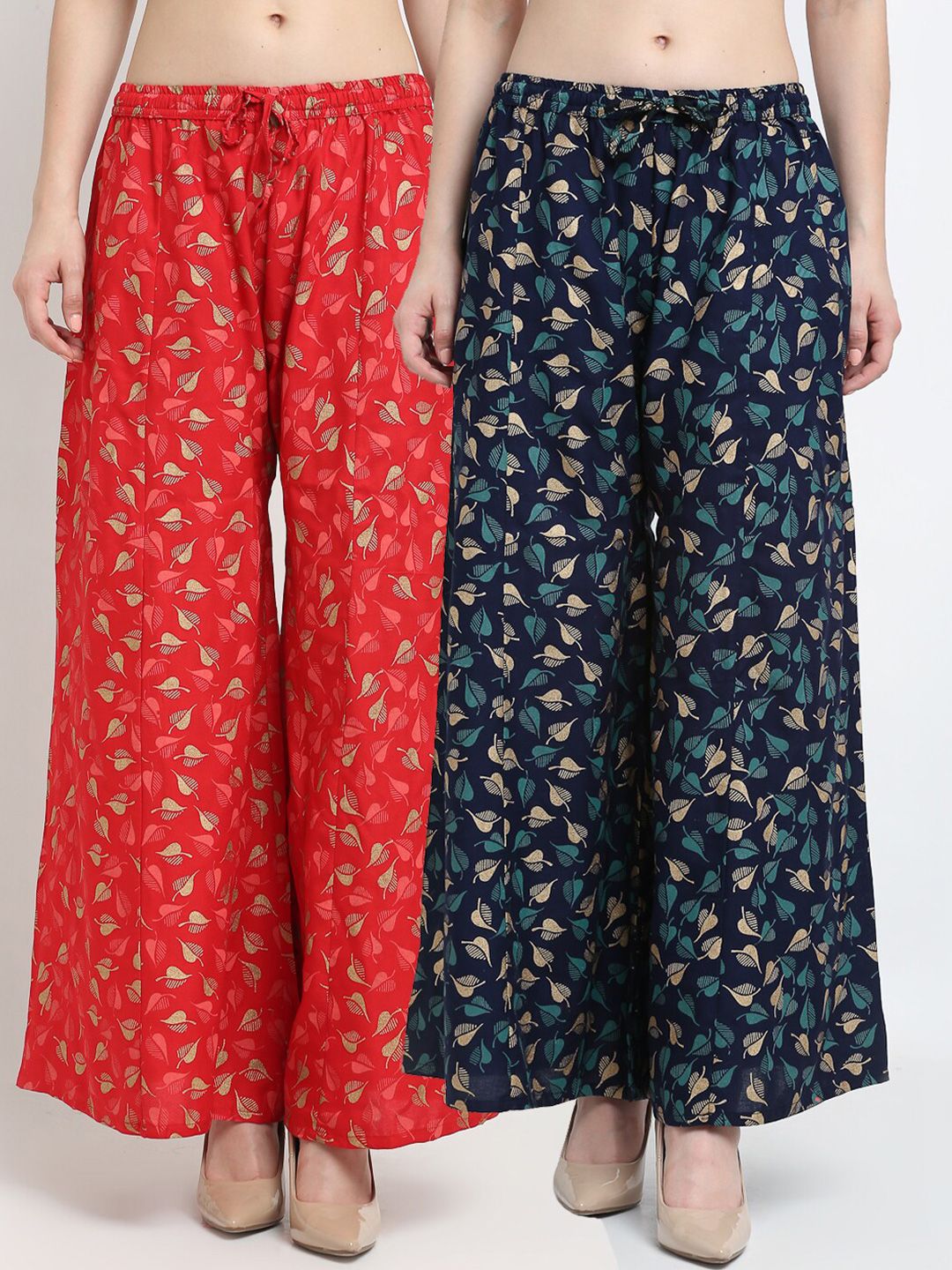 Jinfo Women Red & Navy Blue Set Of 2 Floral Printed Flared Ethnic Palazzos Price in India