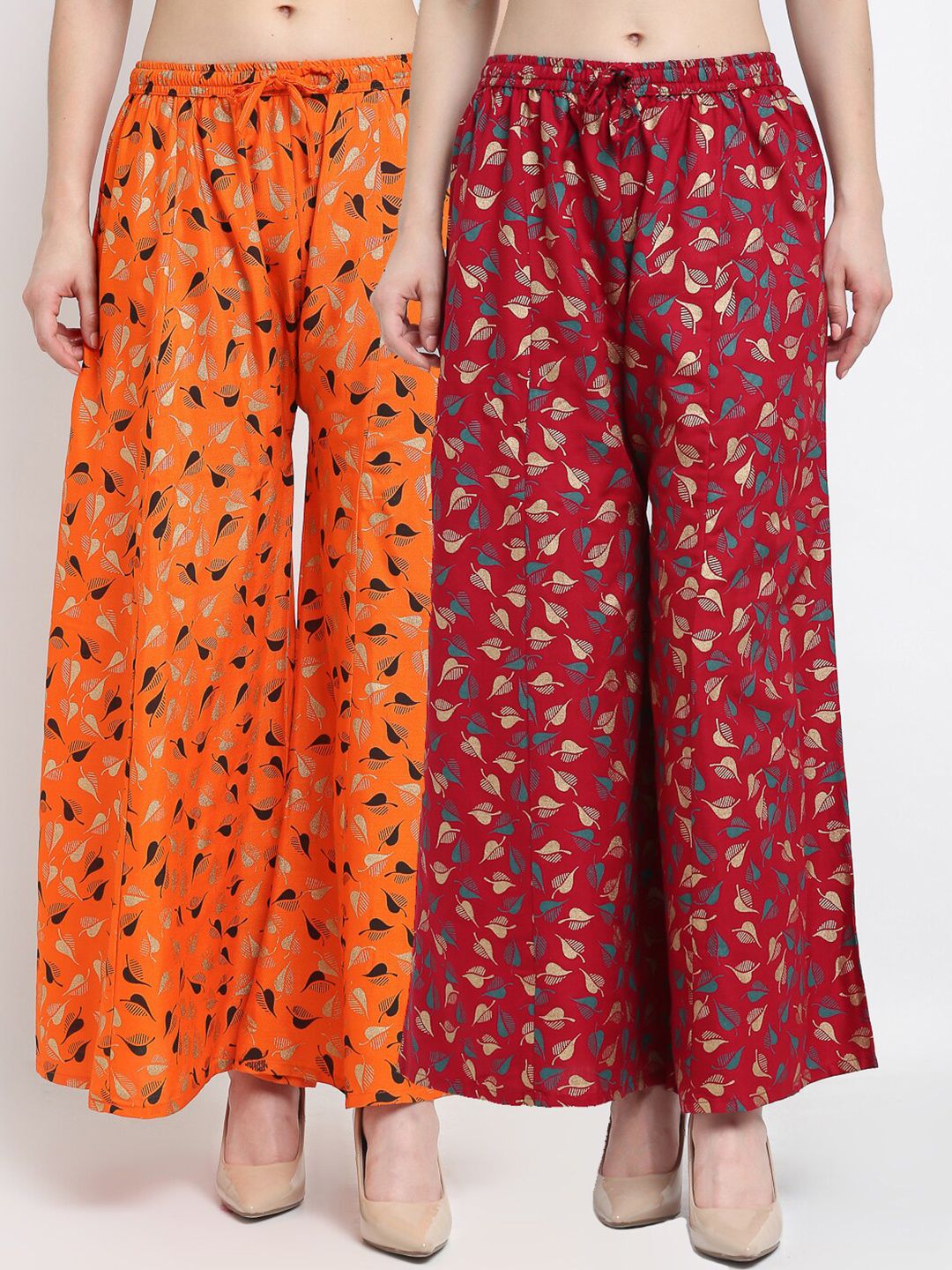 Jinfo Women Orange & Maroon Set Of 2 Floral Printed Flared Fit Palazzo Price in India