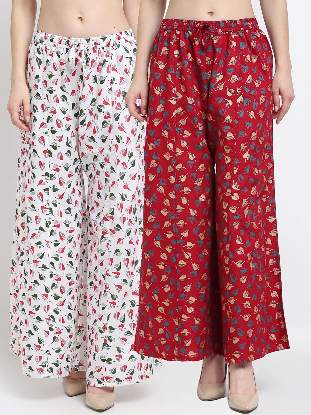 Jinfo Women White & Maroon Set Of 2 Printed Flared Ethnic Palazzos Price in India