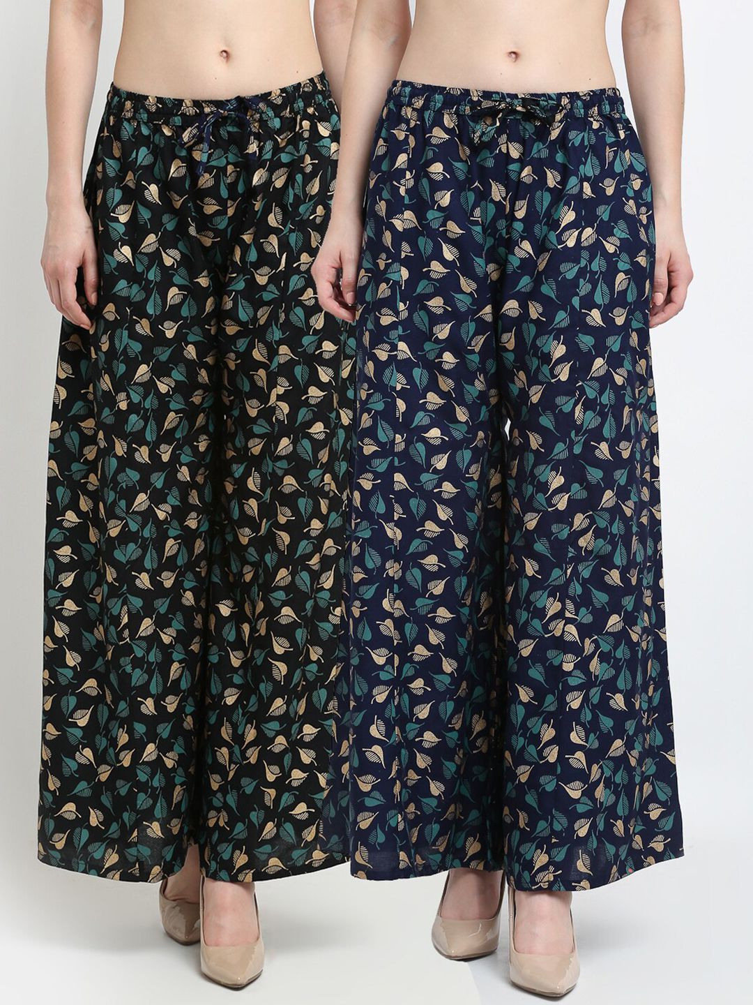 Jinfo Women Black & Navy Blue Set of 2 Floral Printed Flared Ethnic Palazzos Price in India