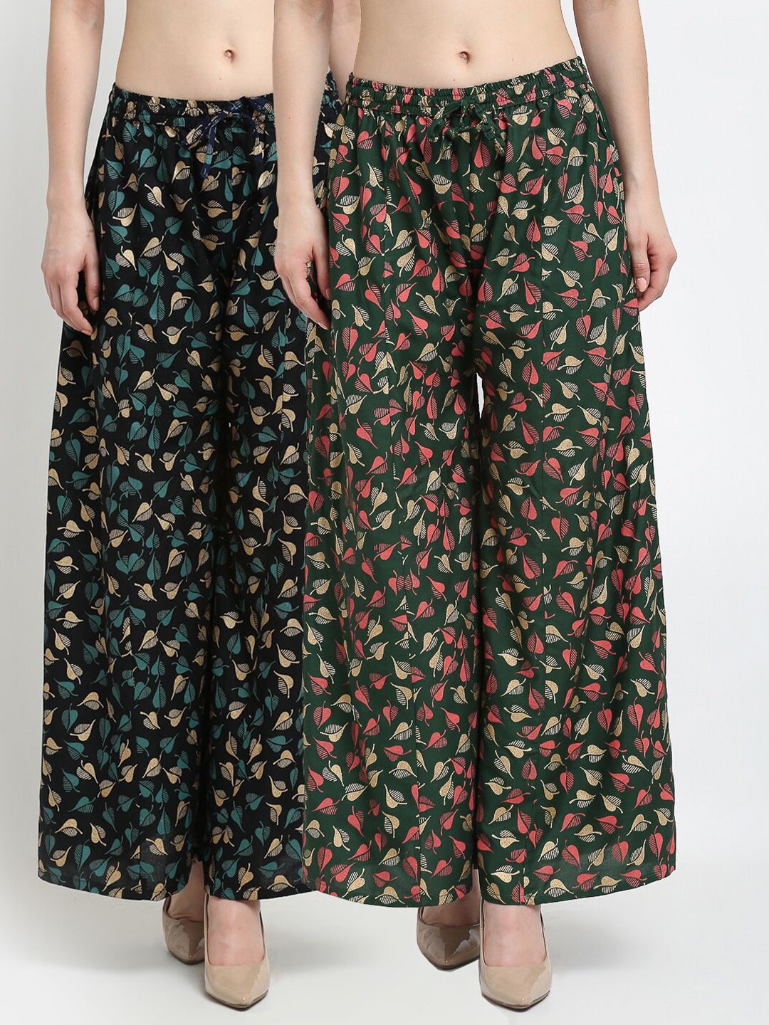 Jinfo Women Black & Green Floral Printed Flared Palazzos Set Of 2 Price in India