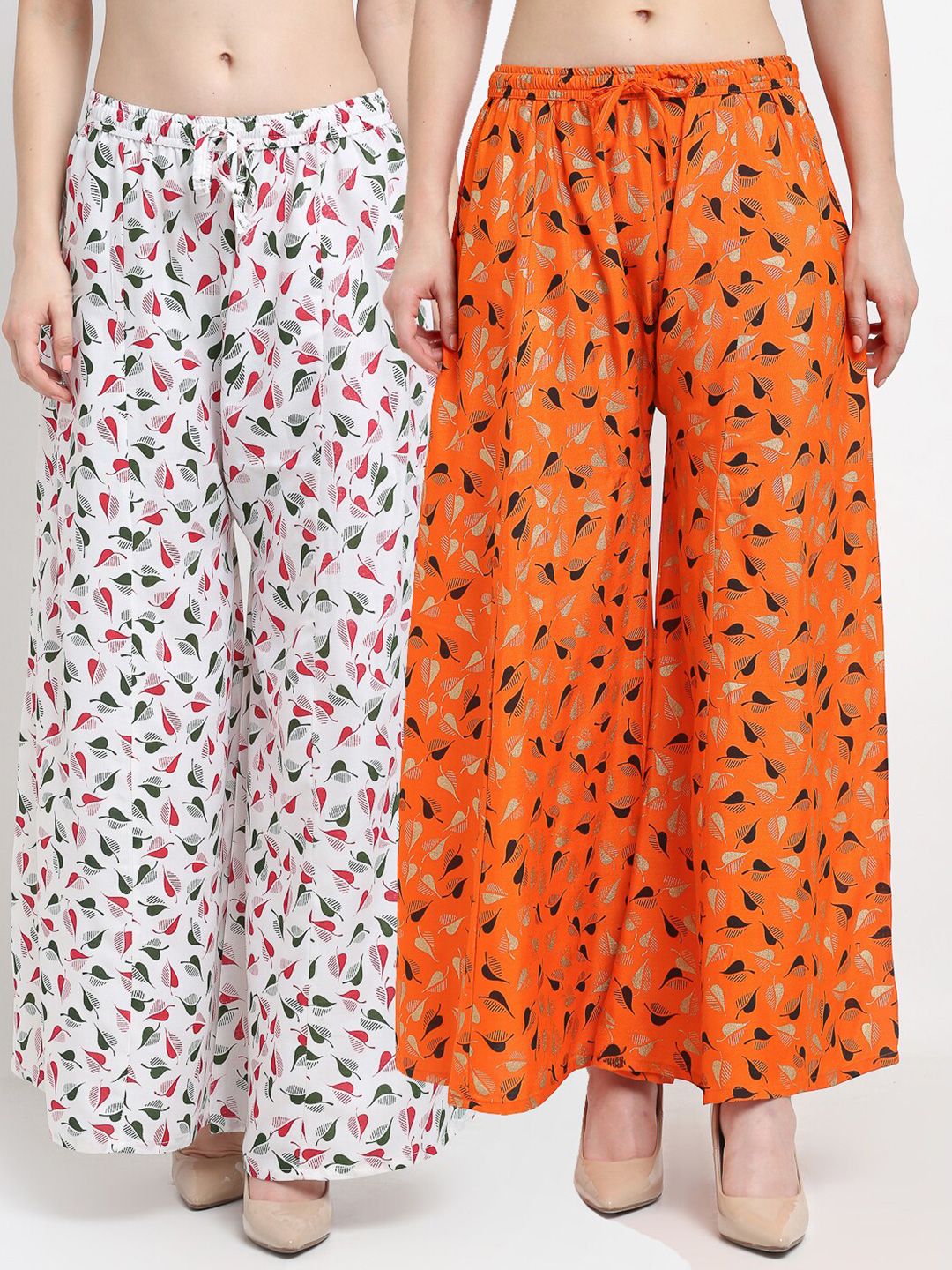 Jinfo Women White & Orange Pack of 2 Floral Printed Flared Ethnic Palazzos Price in India