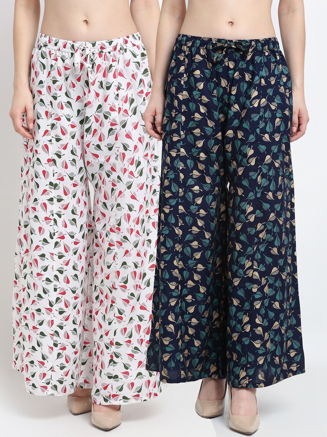 Jinfo Women White & Navy Blue Set of 2 Floral Printed Flared Ethnic Palazzos Price in India