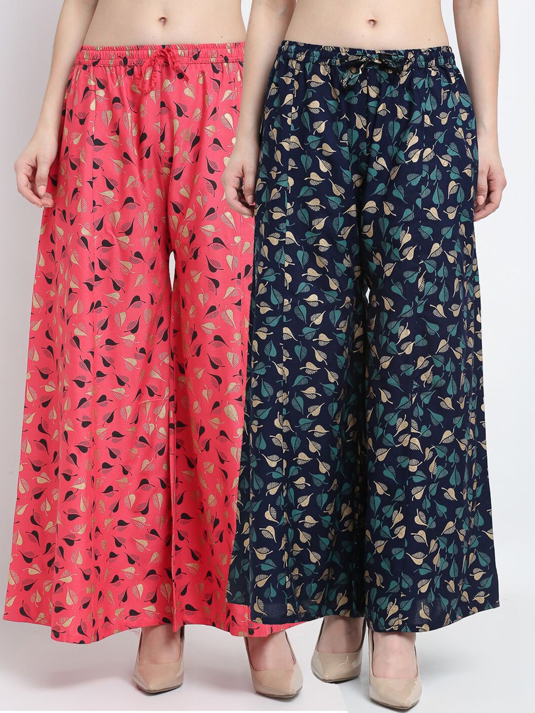 Jinfo Women Coral & Navy Blue Set of 2 Printed Flared Knitted Ethnic Palazzos Price in India