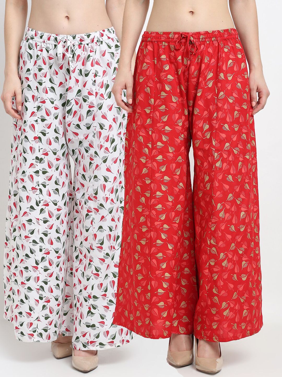 Jinfo Women White & Red Set Of 2 Floral Printed Flared Knitted Ethnic Palazzos Price in India