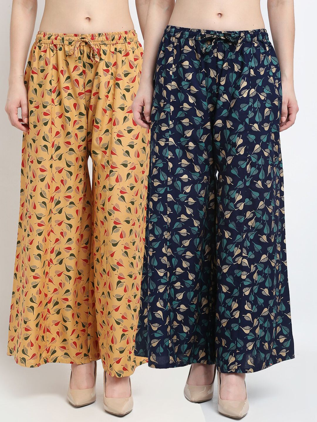 Jinfo Women Beige & Navy Blue Pack of 2 Printed Flared Knitted Ethnic Palazzos Price in India