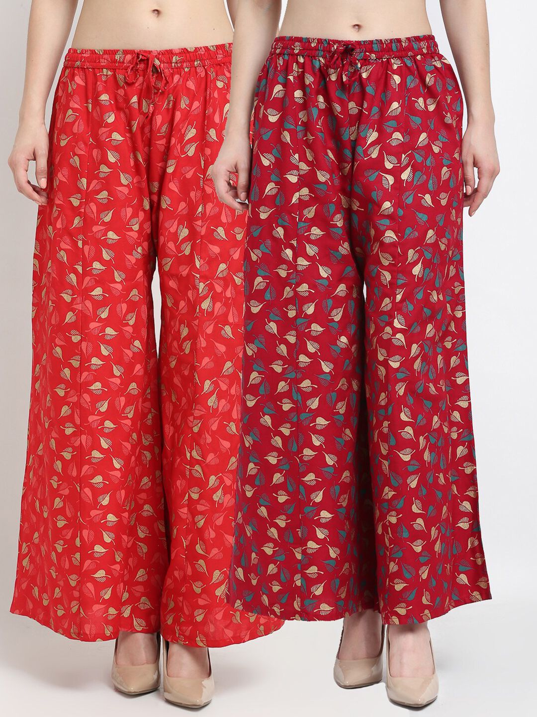 Jinfo Women Red & Maroon Set Of 2 Printed Flared Ethnic Palazzos Price in India