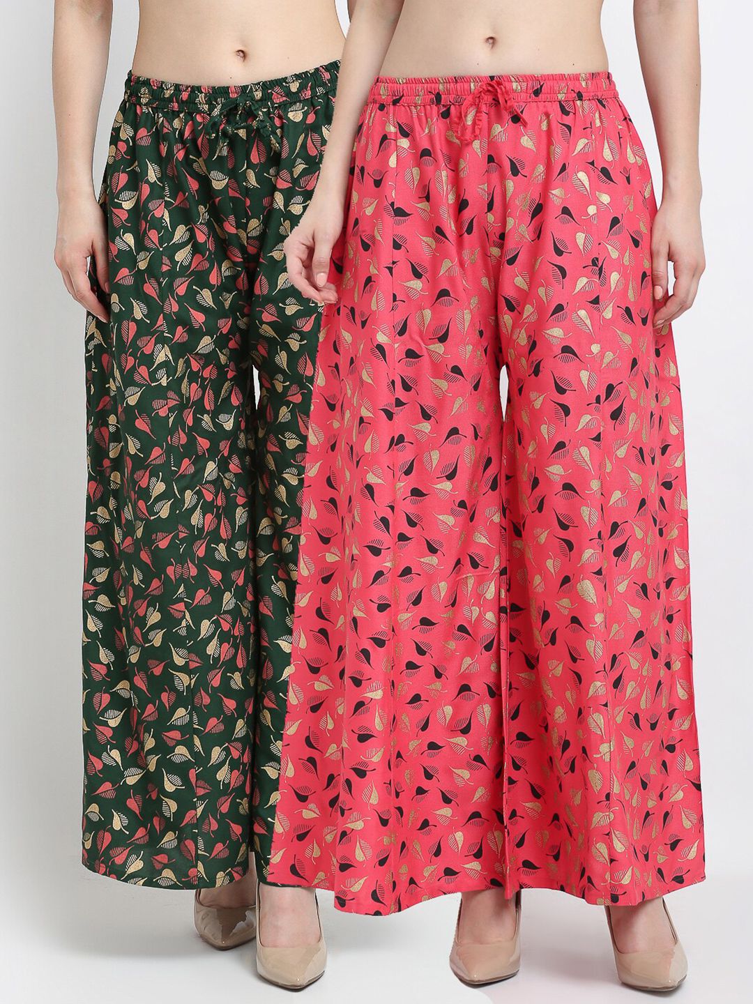 Jinfo Women Green & Pink Pack of 2 Printed Flared Knitted Ethnic Palazzos Price in India