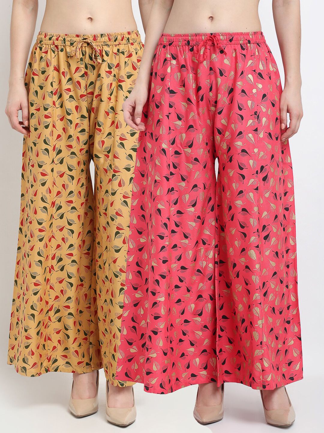 Jinfo Women Beige & Coral Set of 2 Printed Flared Knitted Ethnic Palazzos Price in India