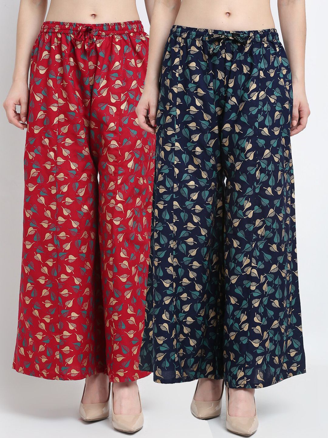 Jinfo Women Maroon & Navy Blue Set Of 2 Floral Printed Flared Knitted Ethnic Palazzos Price in India