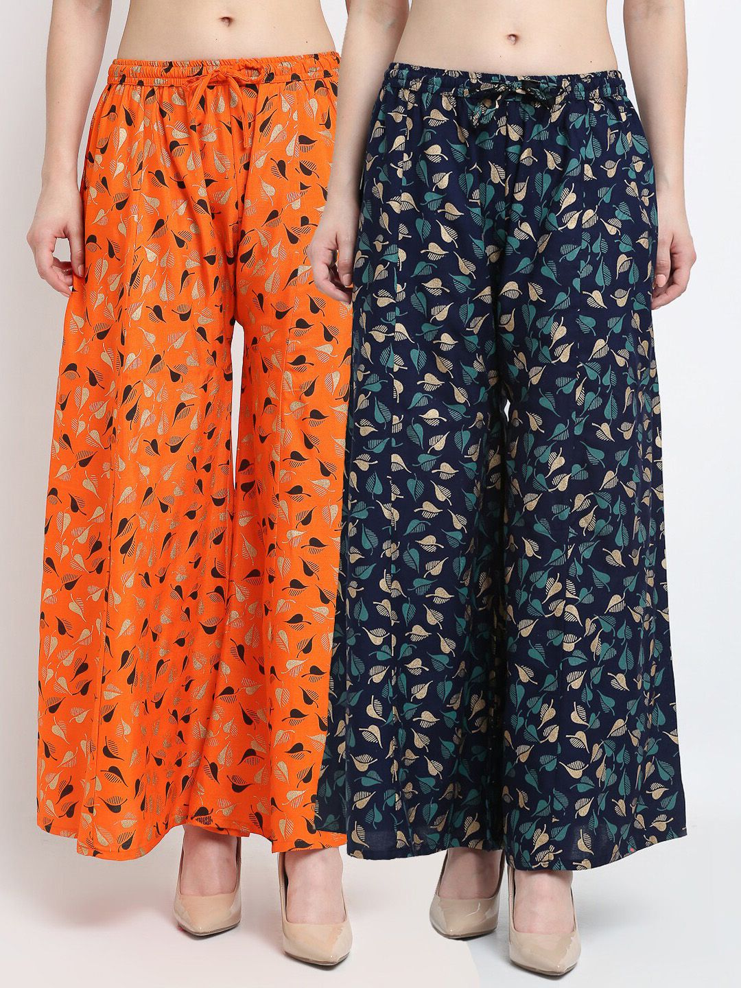 Jinfo Women Orange & Navy Blue Set Of 2 Floral Printed Flared Fit Palazzo Price in India