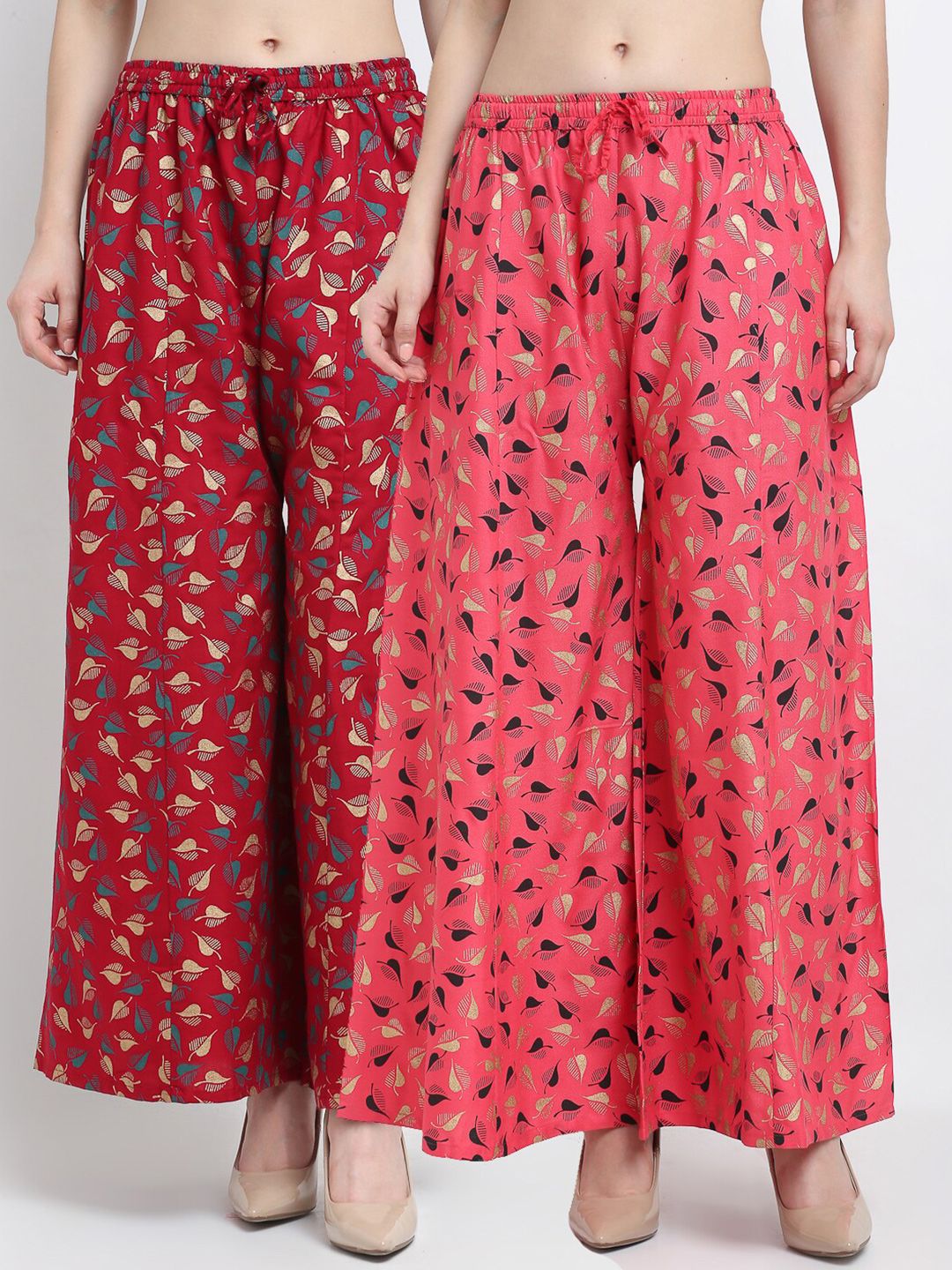 Jinfo Women Maroon & Pink Set Of 2 Floral Printed Flared Ethnic Palazzos Price in India