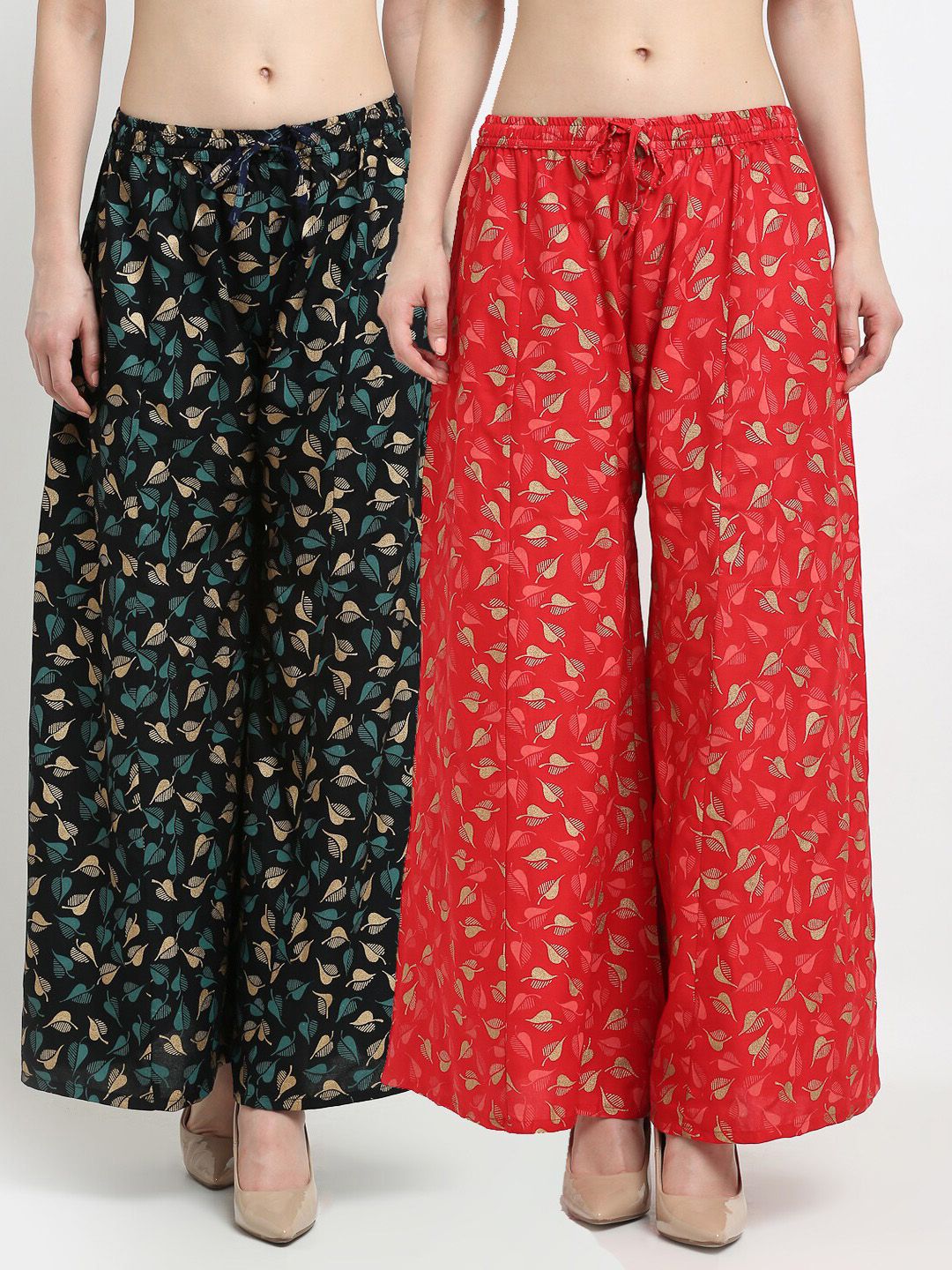 Jinfo Women Black & Red Set of 2 Printed Flared Knitted Ethnic Palazzos Price in India