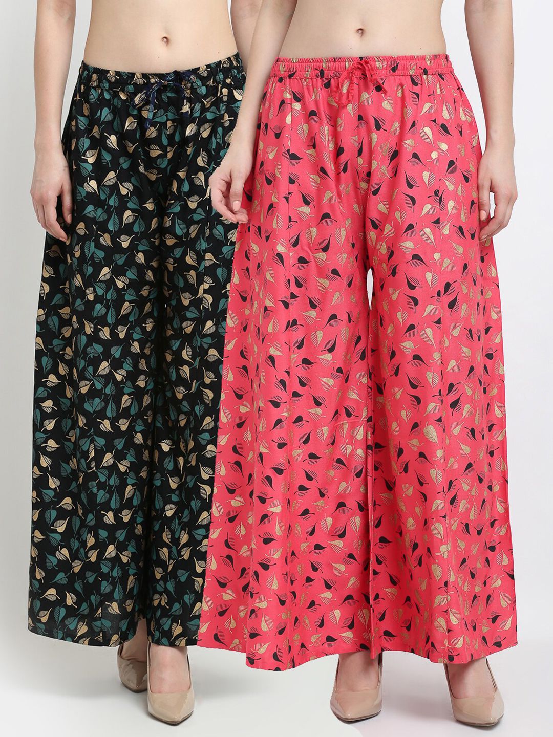 Jinfo Women Black & Pink Set Of 2 Floral Printed Flared Knitted Ethnic Palazzos Price in India