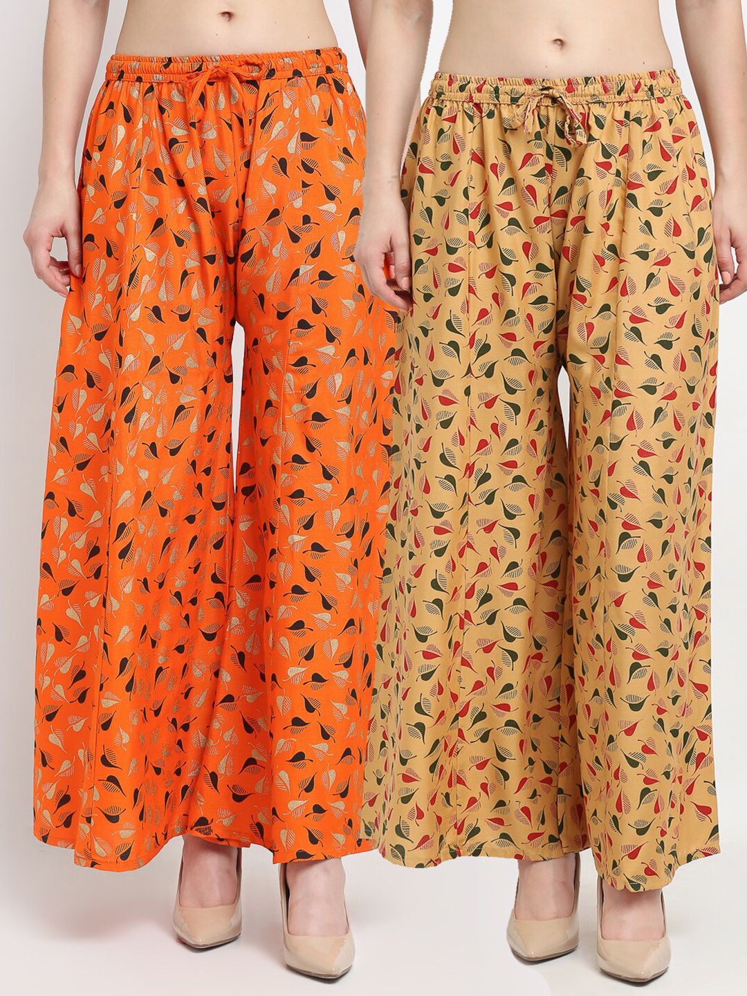 Jinfo Women Orange & Beige Floral Printed Flared Palazzos Set Of 2 Price in India