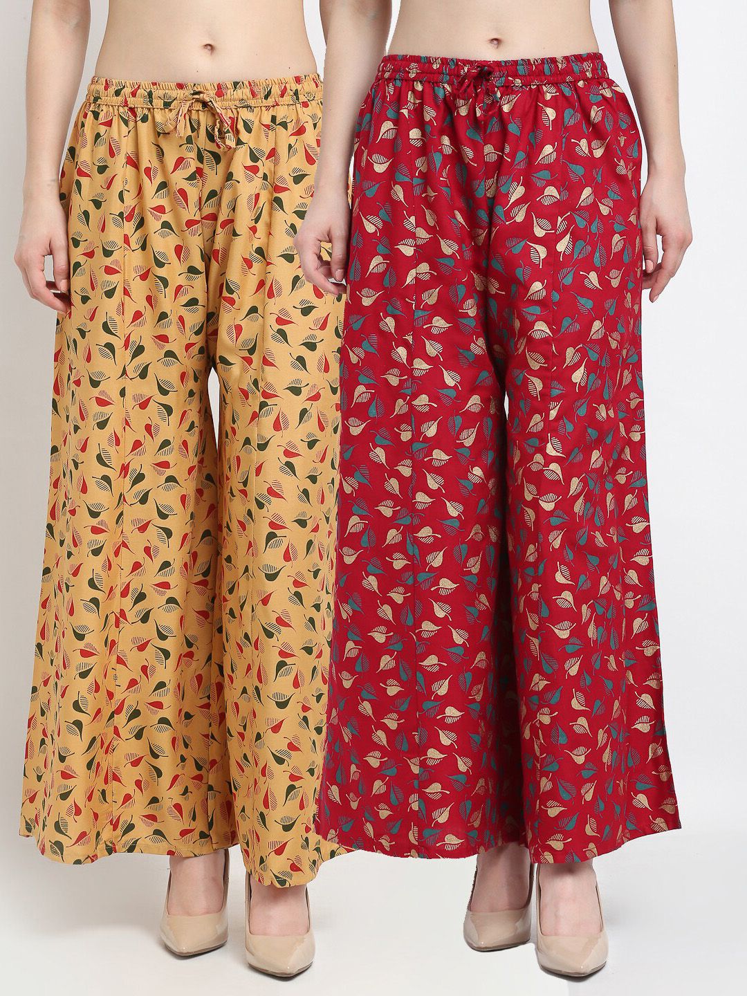 Jinfo Women Beige & Maroon Set Of 2 Floral Printed Flared Ethnic Palazzos Price in India