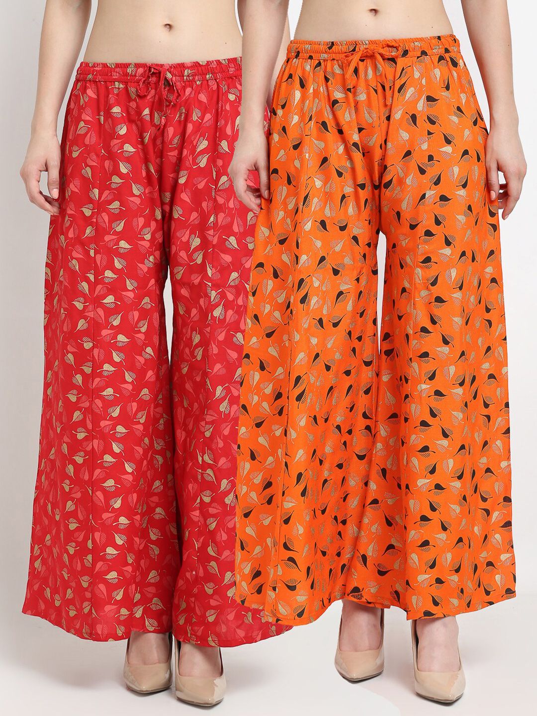 Jinfo Women Red & Orange Set of 2 Printed Flared Knitted Ethnic Palazzos Price in India