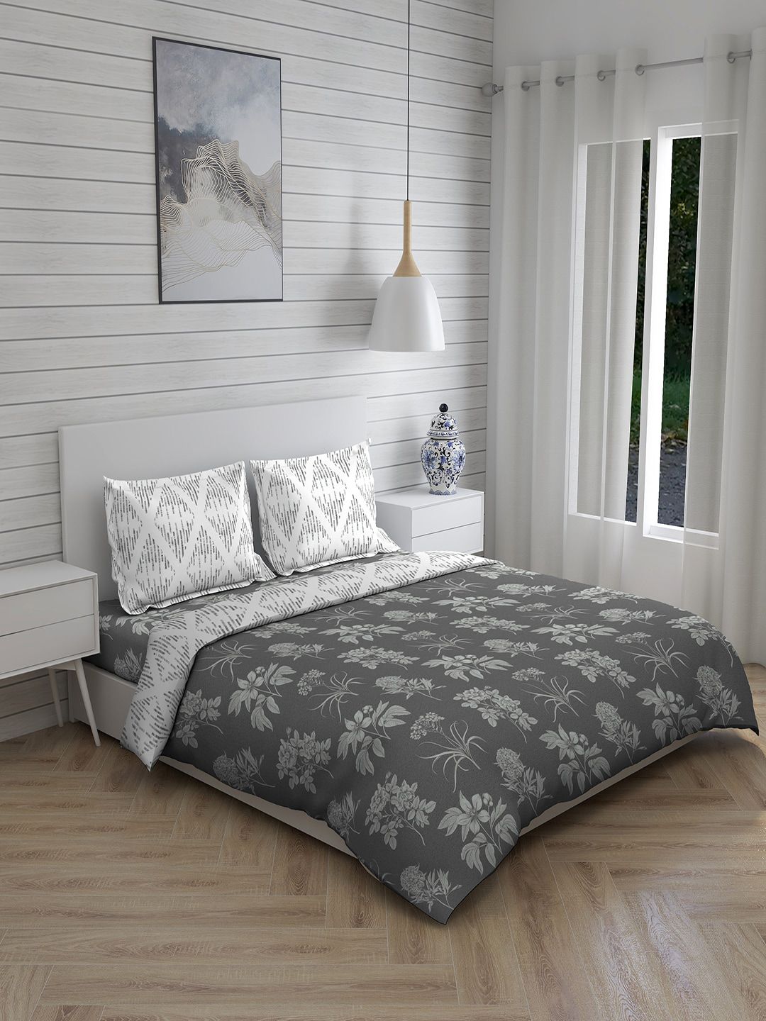 Layers Grey & White Printed Cotton Bedding Set Price in India