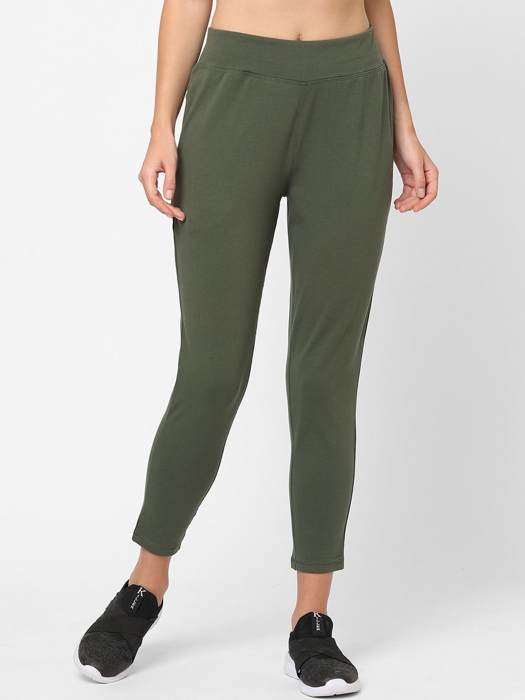 MAYSIXTY Women Solid Olive Green Cotton Spandex Regular Fit Yoga Pant Price in India