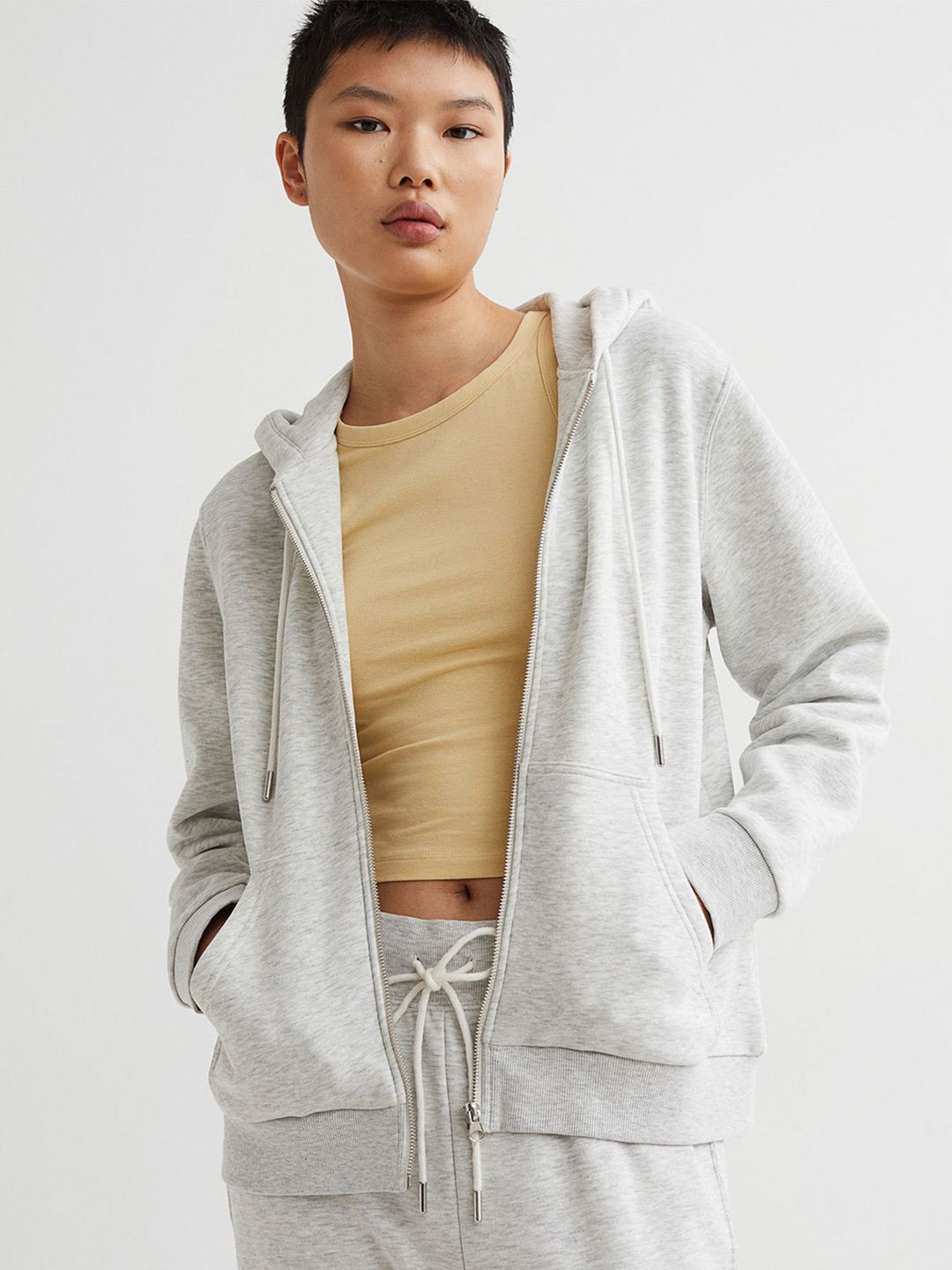 H&M Women Grey Solid Zip-Through Hoodie Price in India